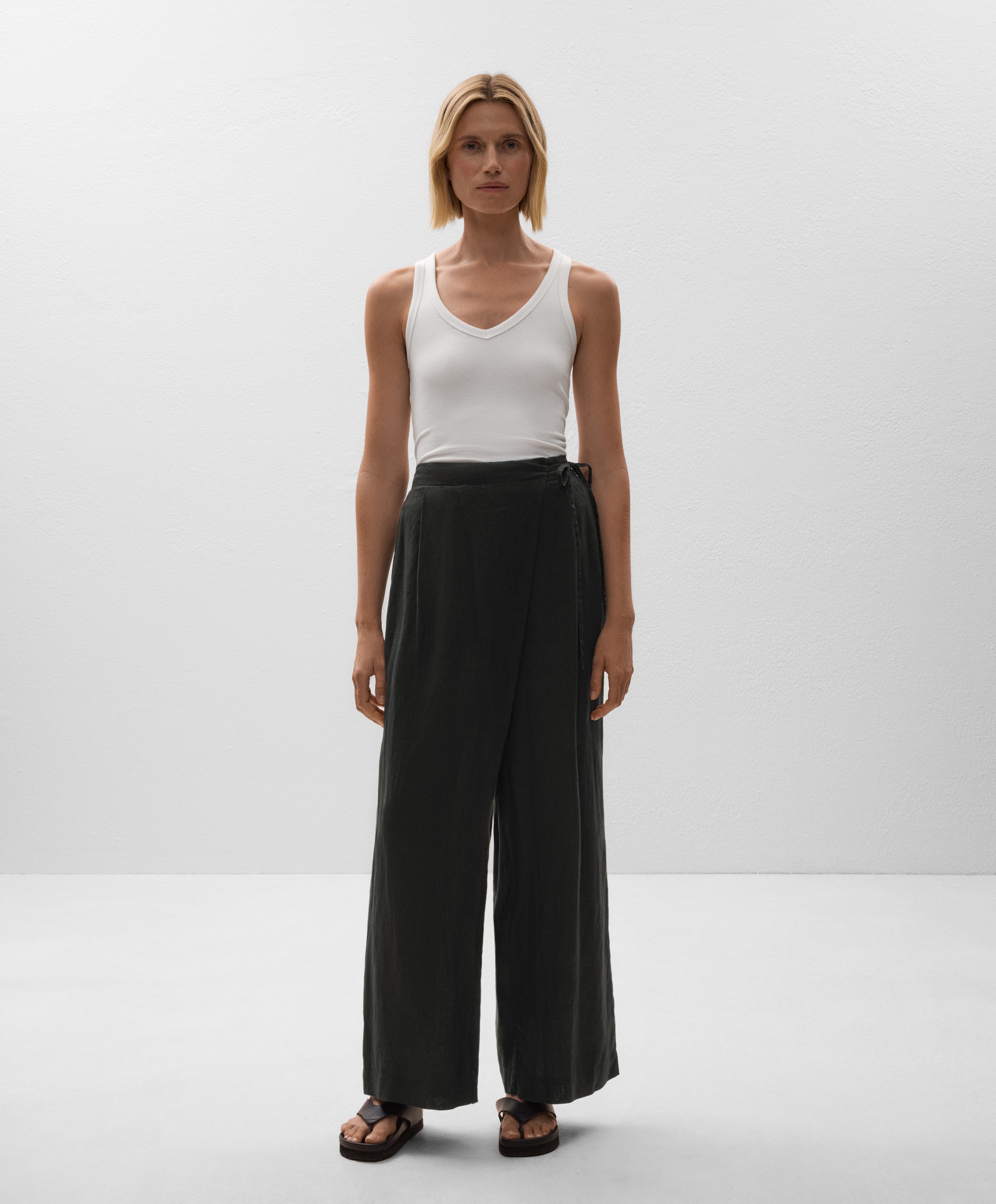 100% linen wide straight-leg trousers with crossover sarong-style wrap - Sale 100% linen wide straight-leg trousers with crossover sarong-style wrap - Sale