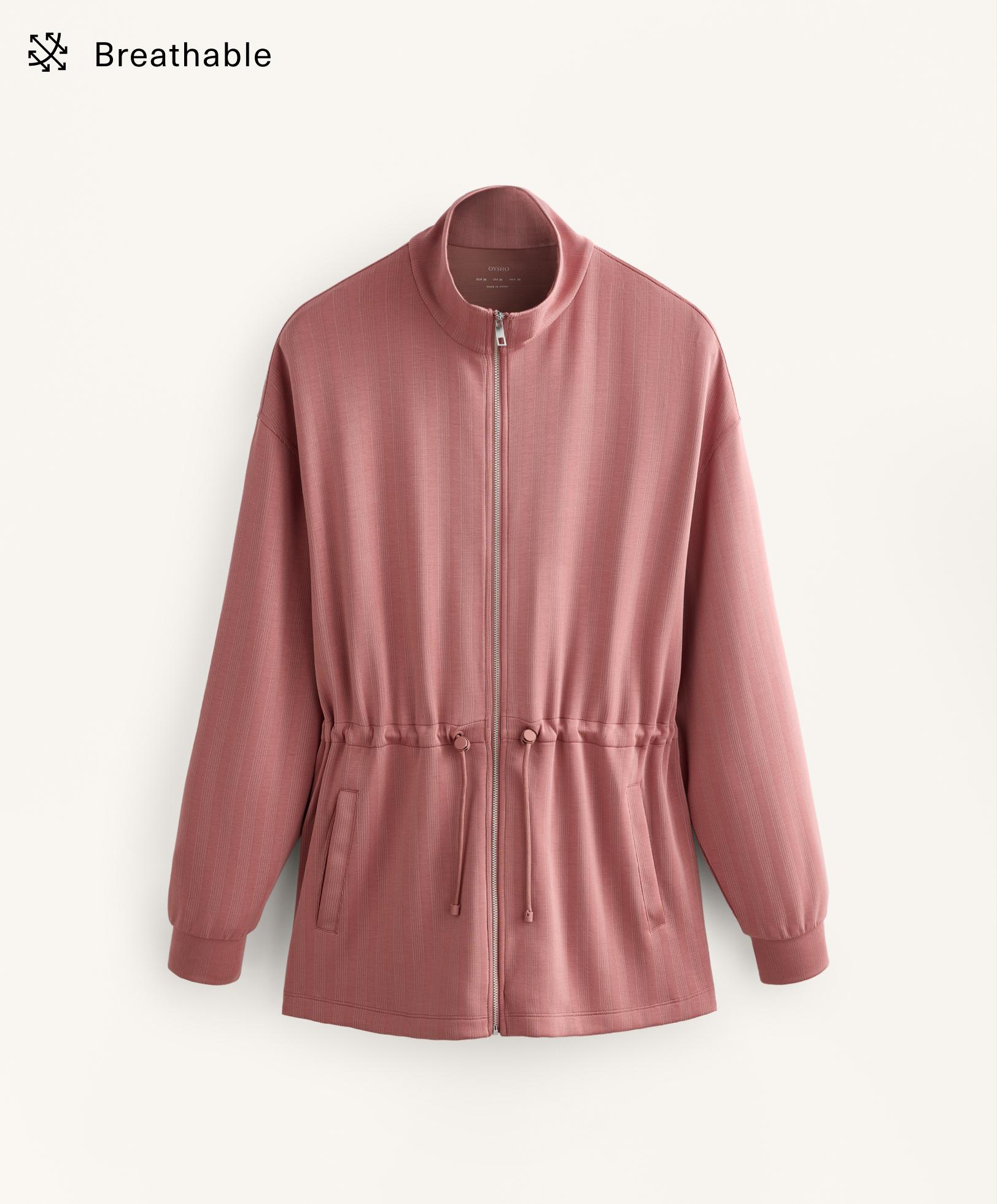 Long jacket with adjustable waist and striped texture — RUSSET MOCHA
