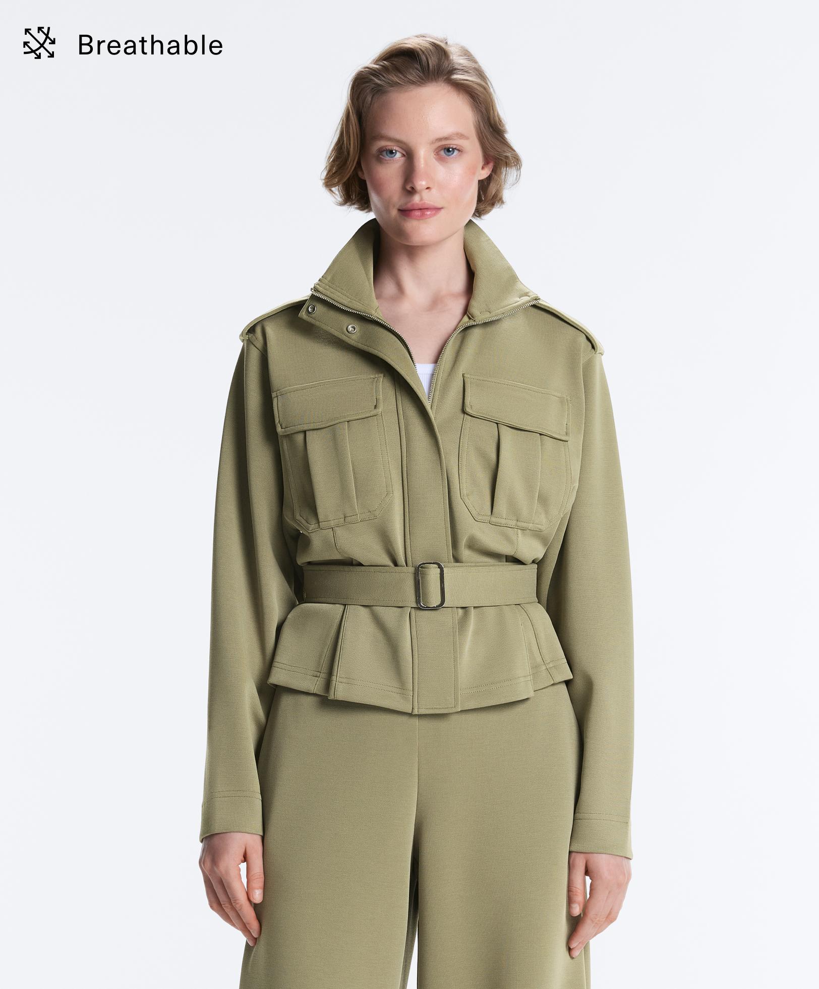 Cropped piqué utility jacket with belt