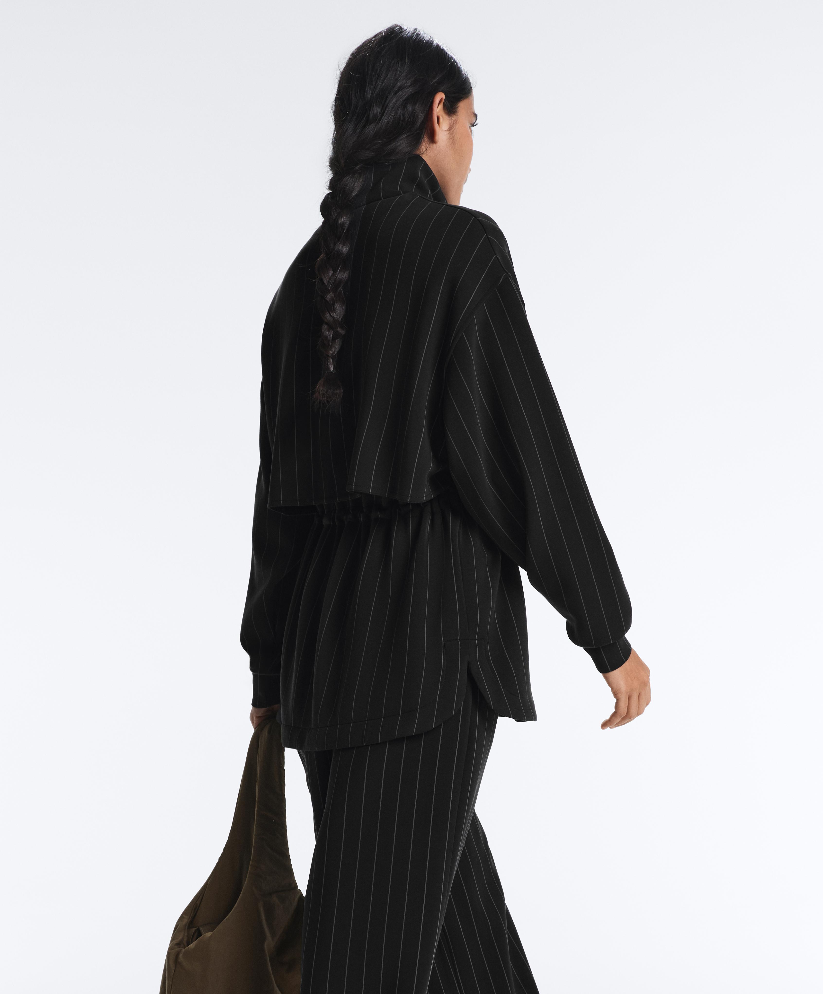 Long pinstripe jacket with adjustable waist and soft-touch modal — BLACK
