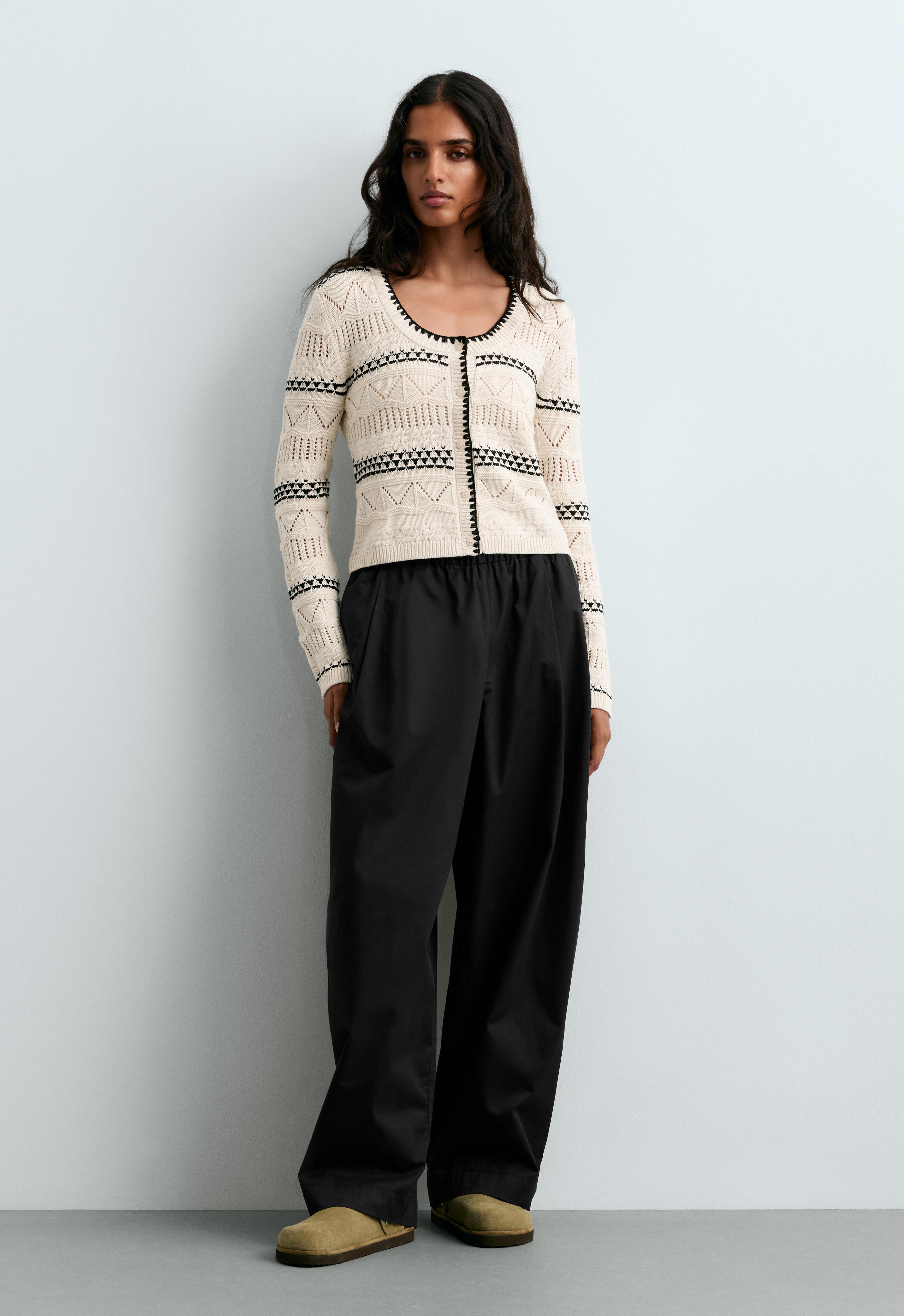 100% cotton contrast open-knit cardigan - Sale