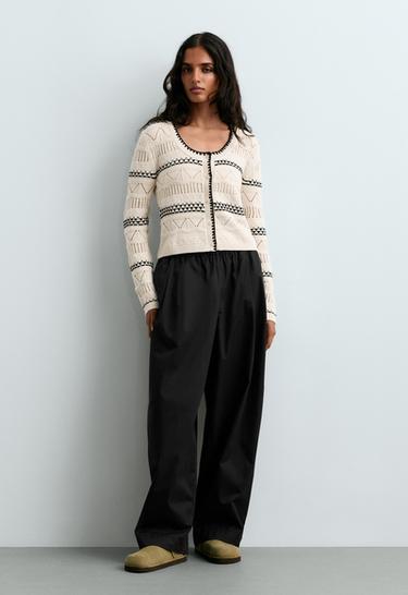 100% cotton contrast open-knit cardigan — PALE ECRU 1