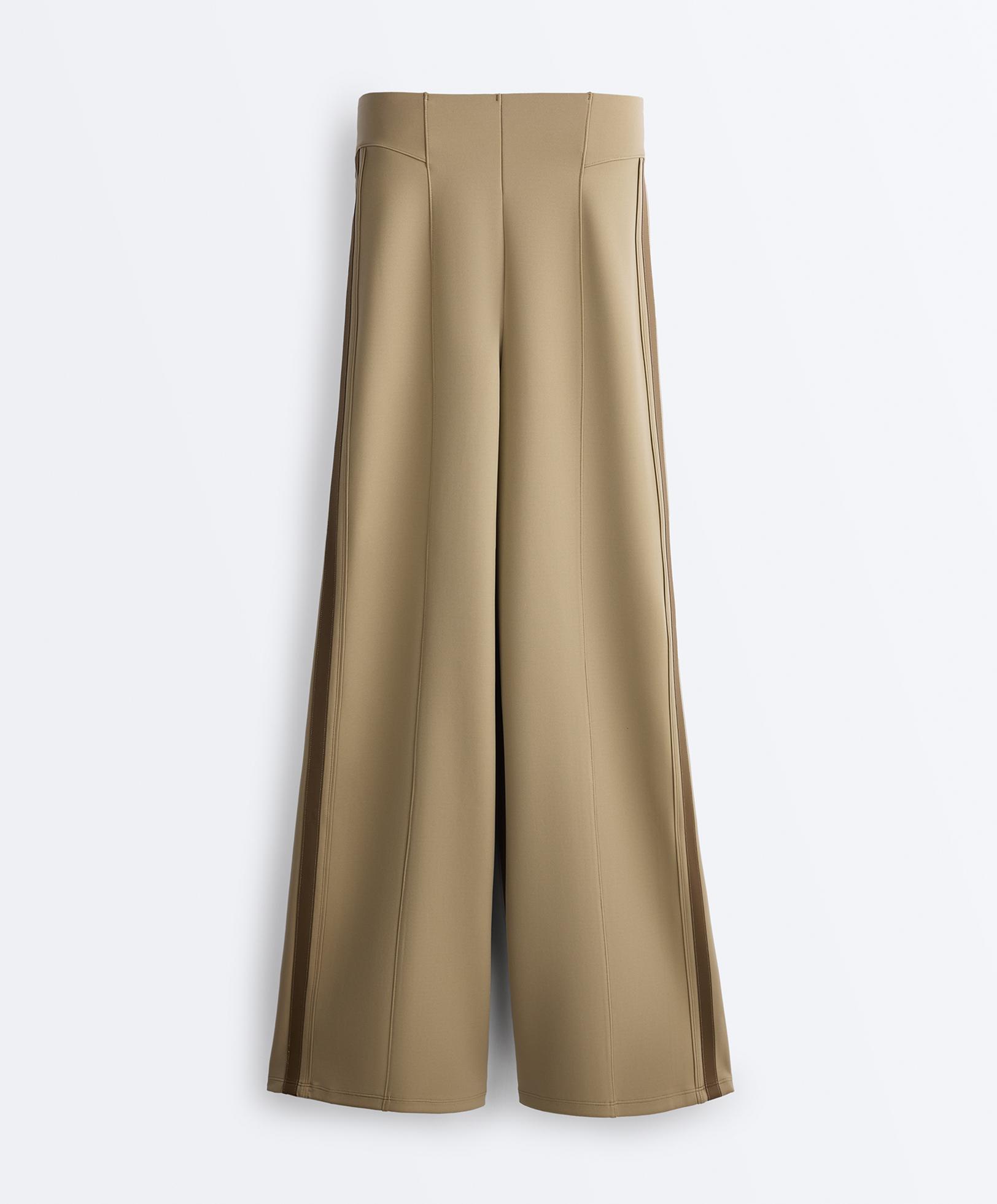 High rise neoprene-effect straight-leg trousers with piping — GREEN BEIGE