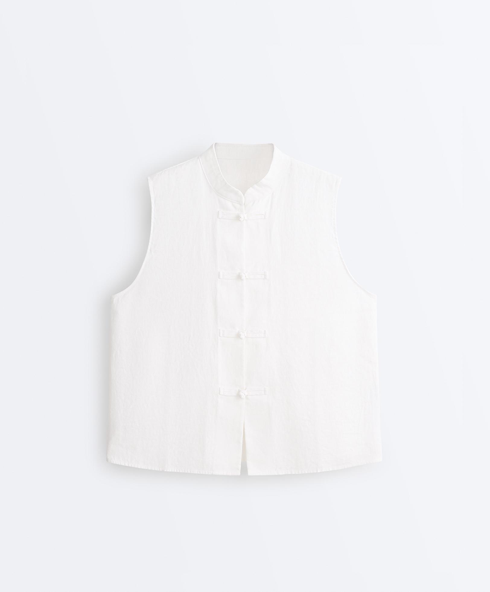 100% linen sleeveless stand-up collar shirt — WHITE