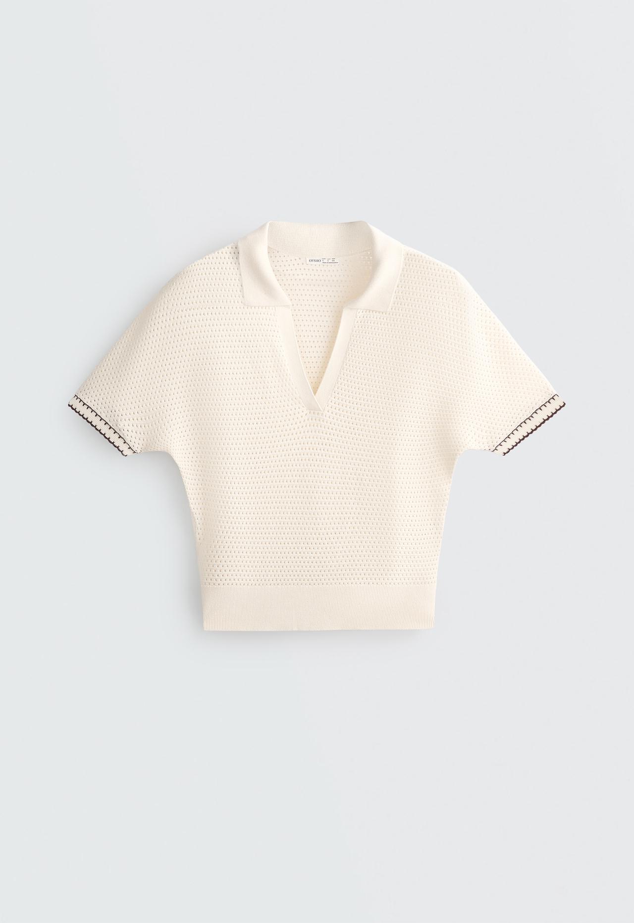 Cotton blend openwork knit polo — PALE ECRU