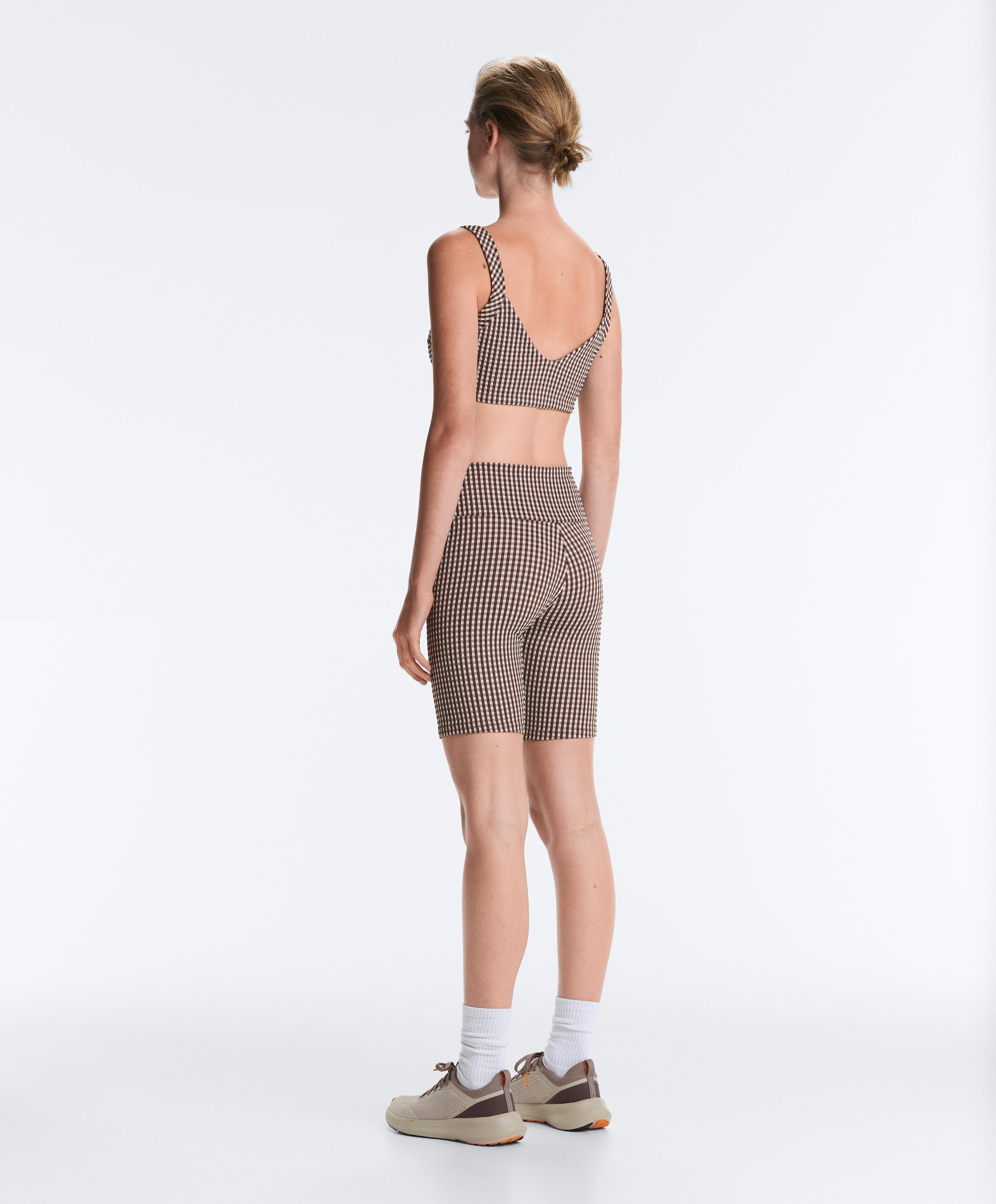 Comfortlux high-rise 20cm gingham biker leggings — DARK REDDISH‑BROWN