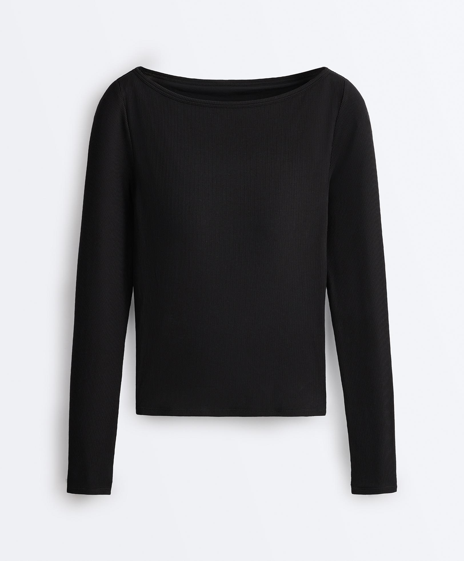 Rib modal blend boat neck T-shirt — BLACK
