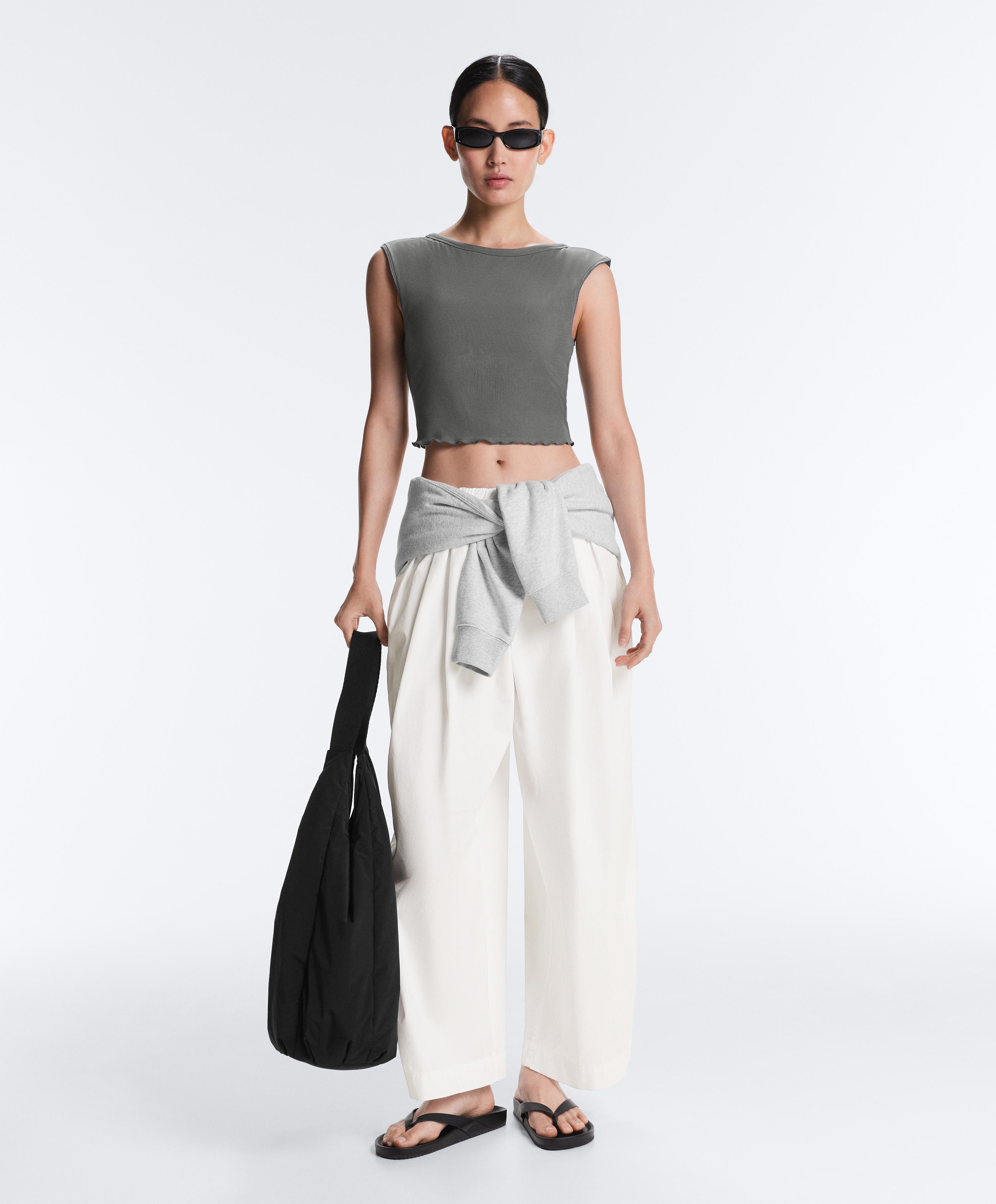 Rib modal blend short sleeve tank top with curling detail — MID GREY