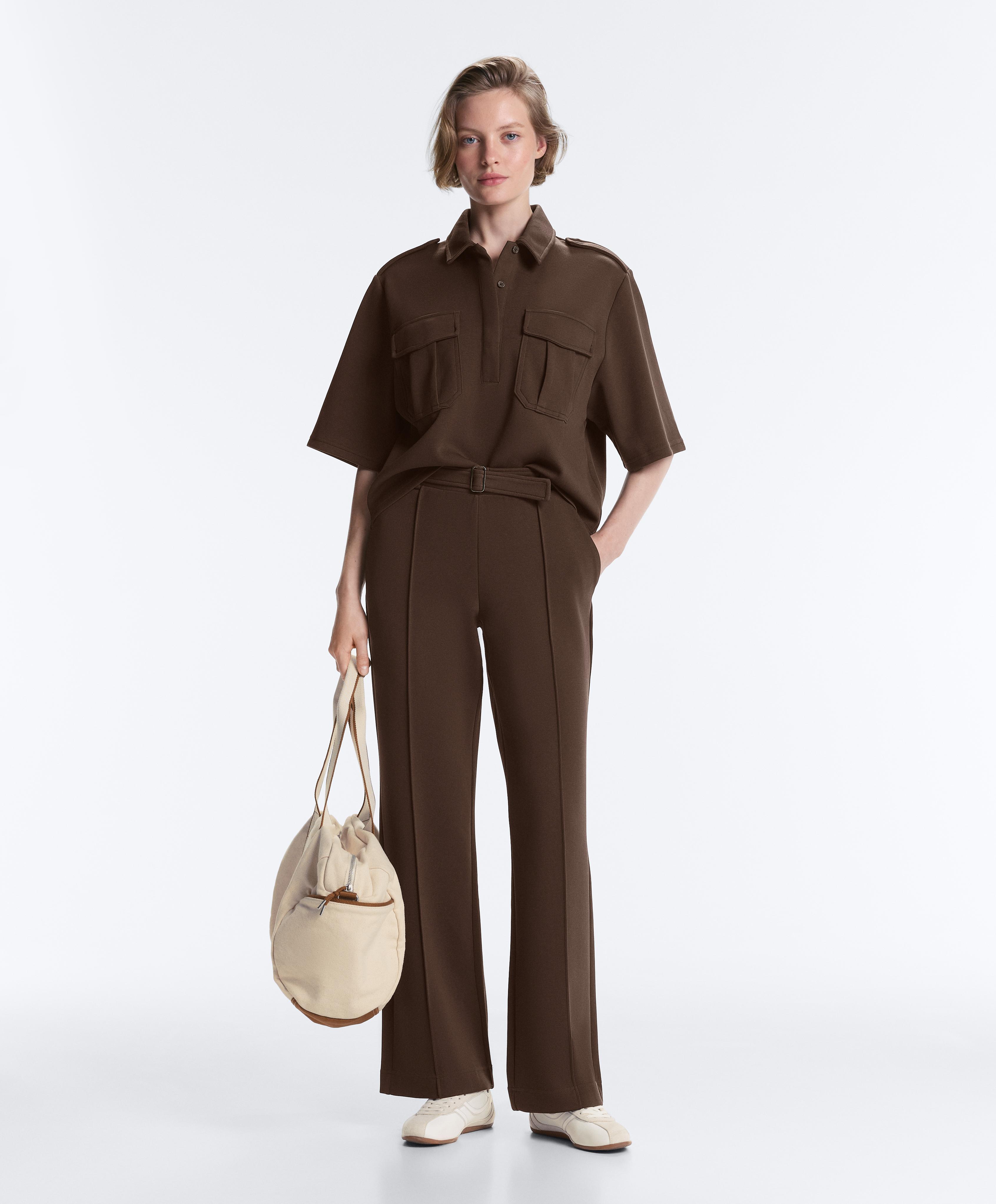 Low-rise slim pique trousers with cotton — DARK BROWN