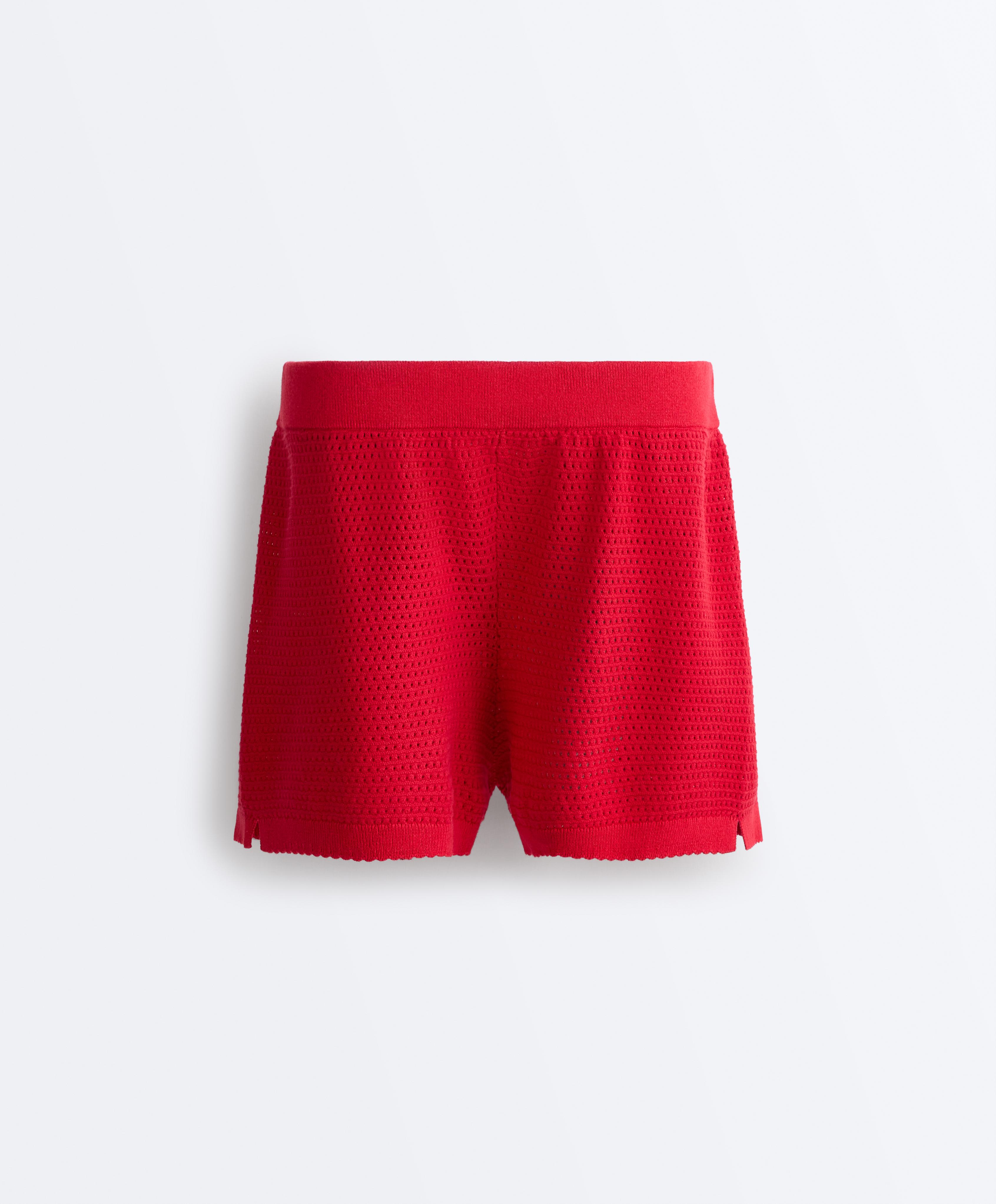 Cotton openwork knit shorts — BRIGHT RED