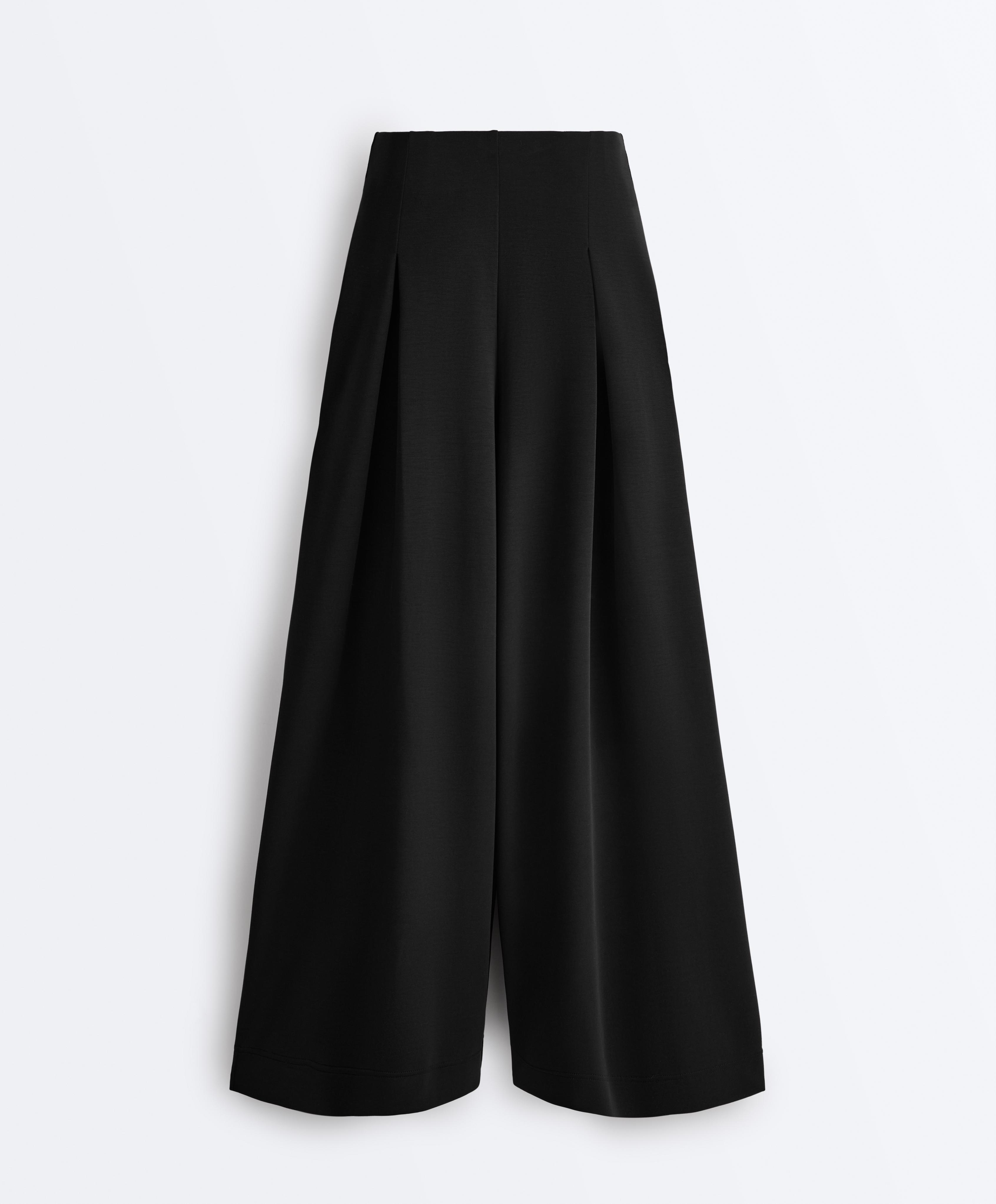 Long wide-leg trousers with soft touch modal and pleats — BLACK