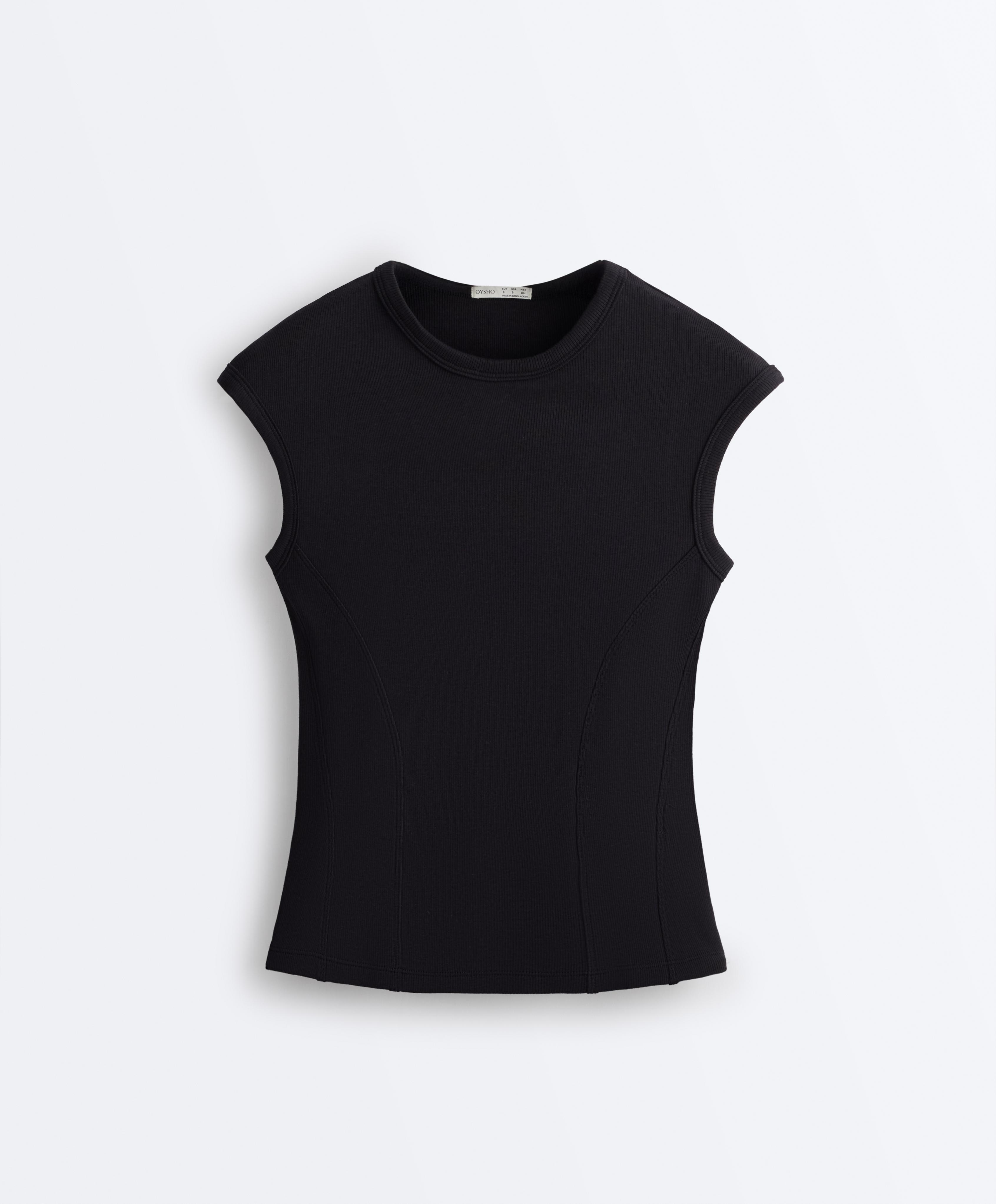 Short-sleeved rib top with cotton and modal — BLACK