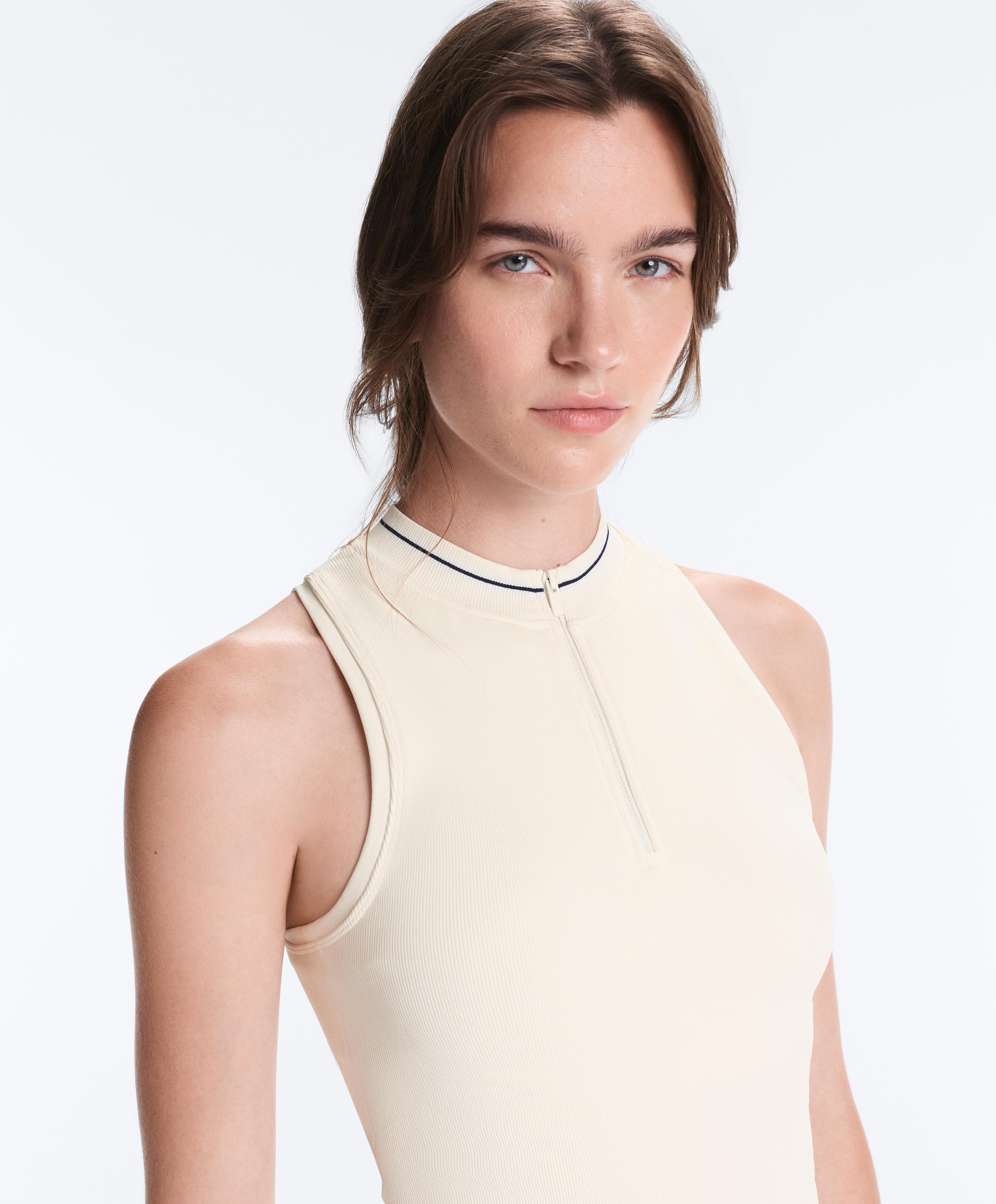 Sleeveless seamless half-zip tank top — PALE ECRU