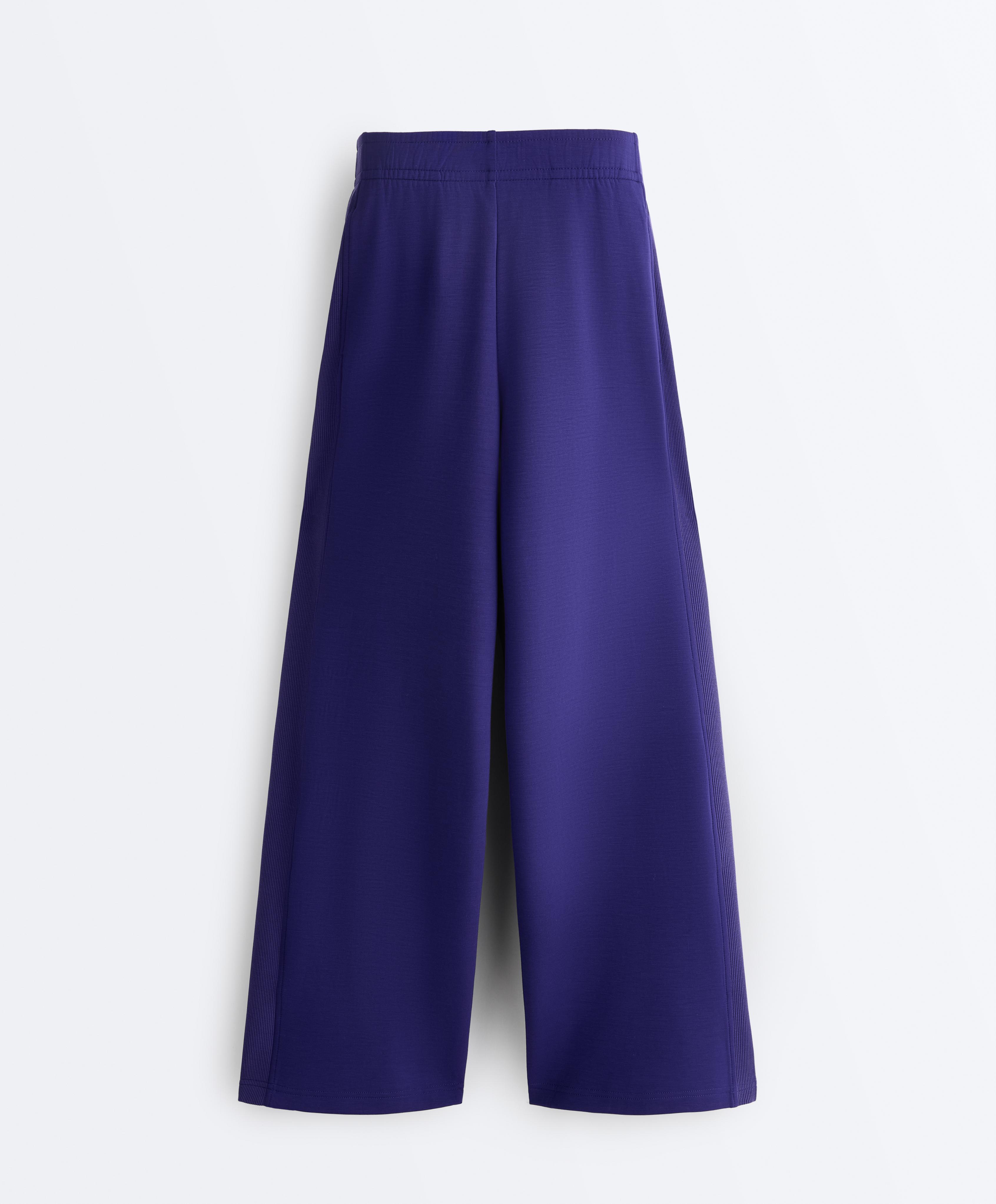 Wide-leg rib straight trousers with brushed modal — COBALT