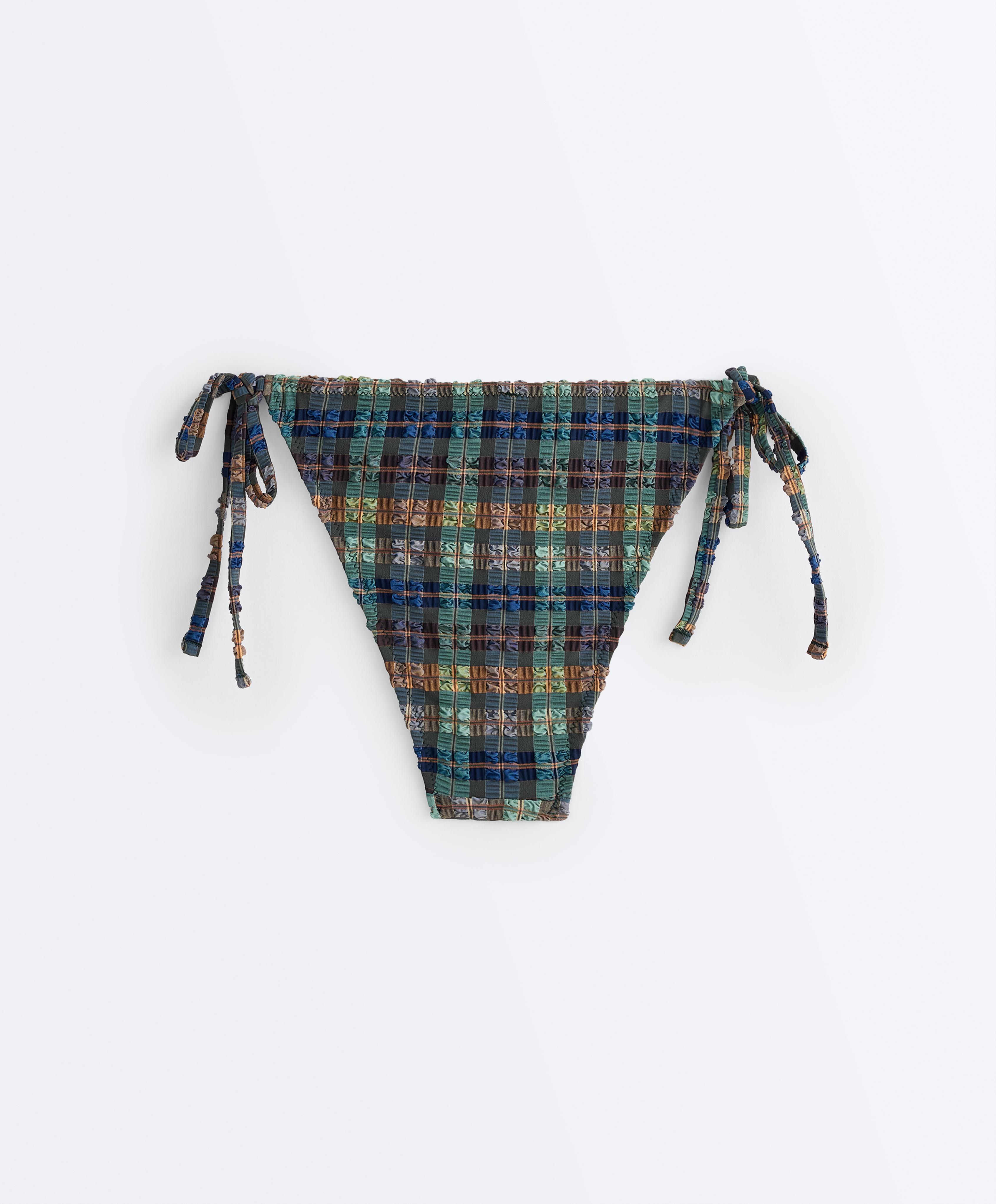 Textured check medium-coverage bikini briefs with ties — KHAKI