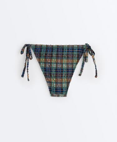 Textured check medium-coverage bikini briefs with ties — KHAKI 8
