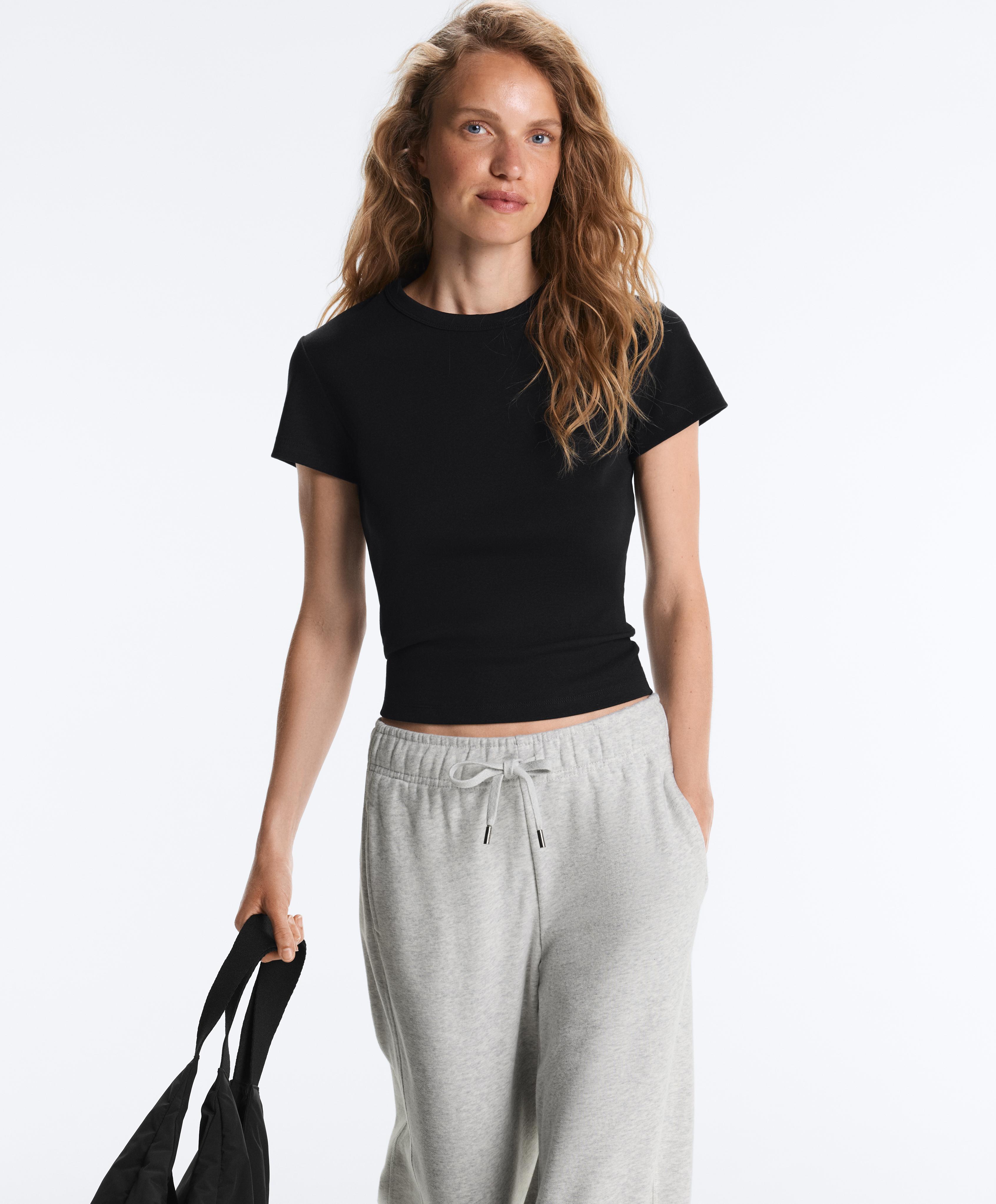 Fitted short sleeve rib T-shirt in cotton blend — BLACK