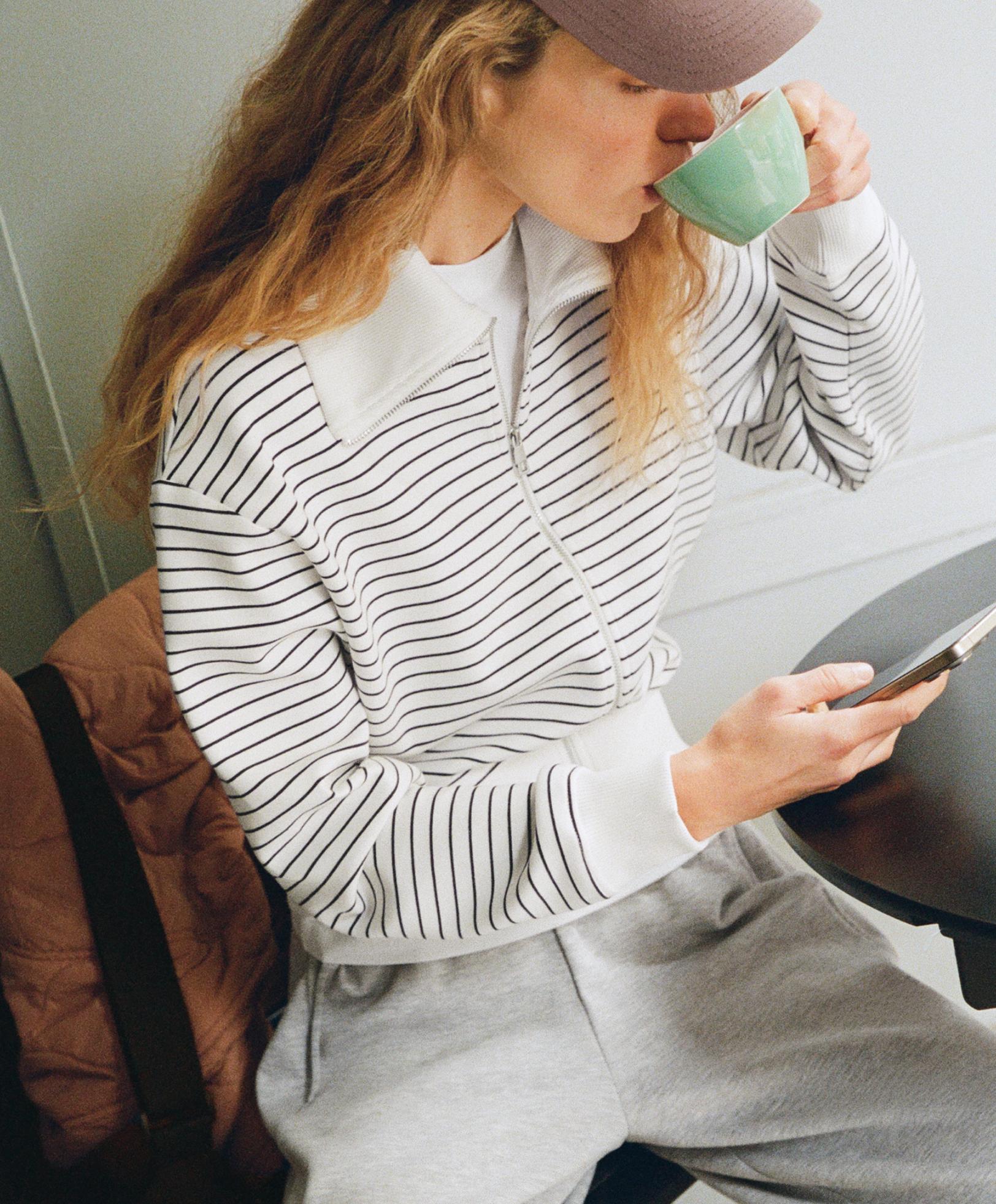 Striped rib neck jacket with cotton — PALE ECRU