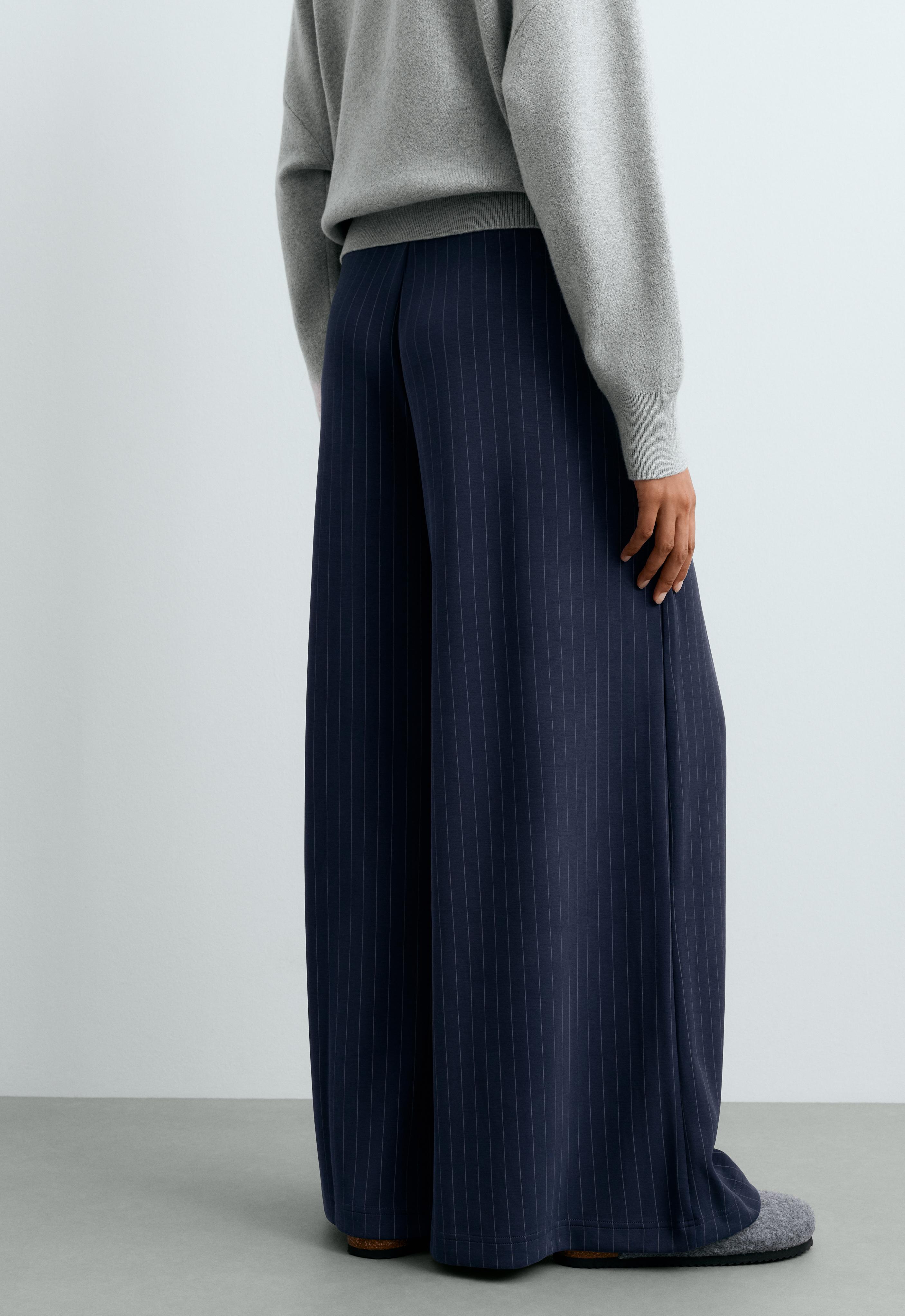 Modal pinstripe wide-leg trousers — NAVY BLUE