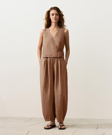 100% linen square neck crossover tie top — TAN MELANGE 2