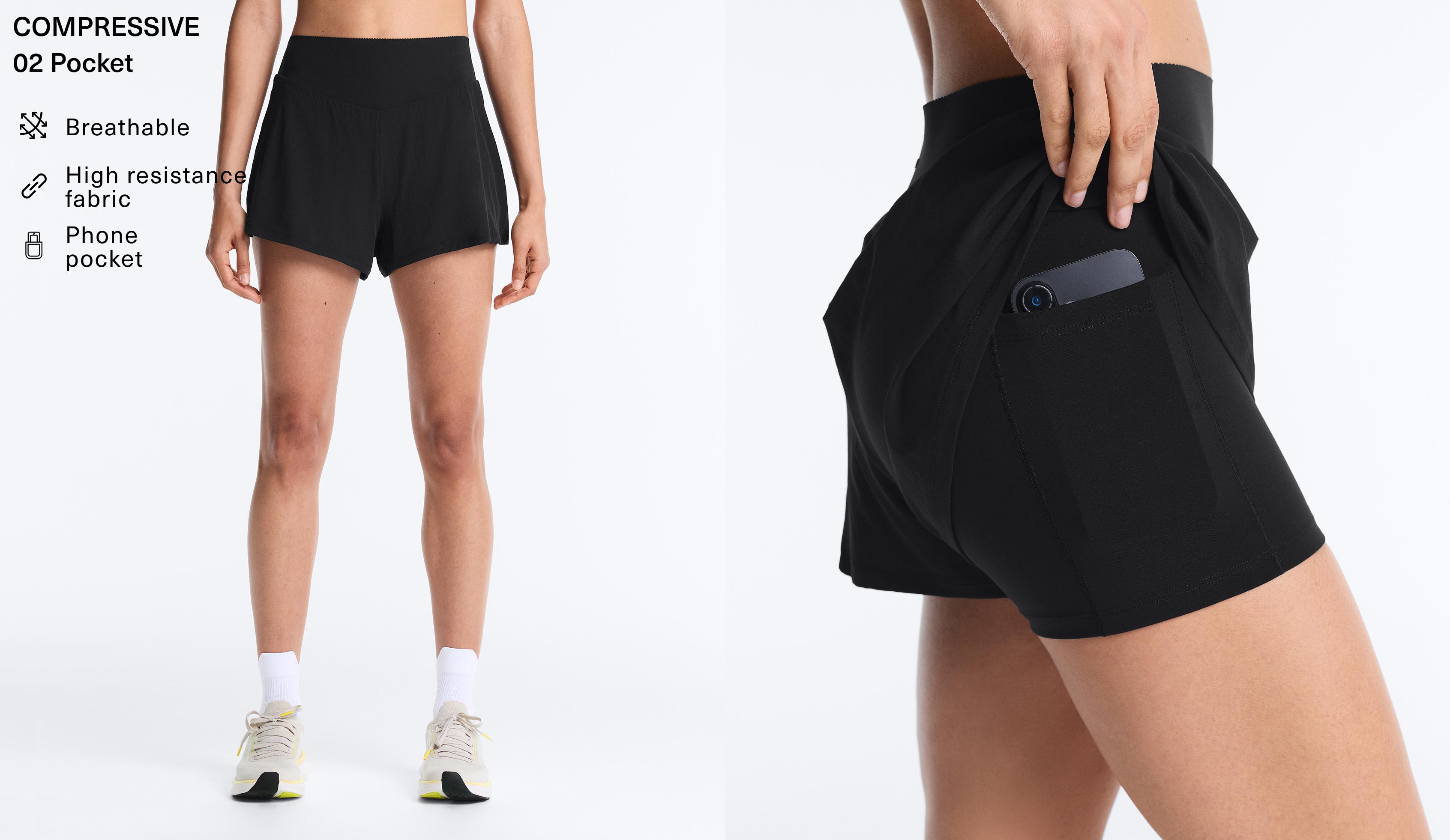 2-in-1 Compressive shorts with pocket — BLACK