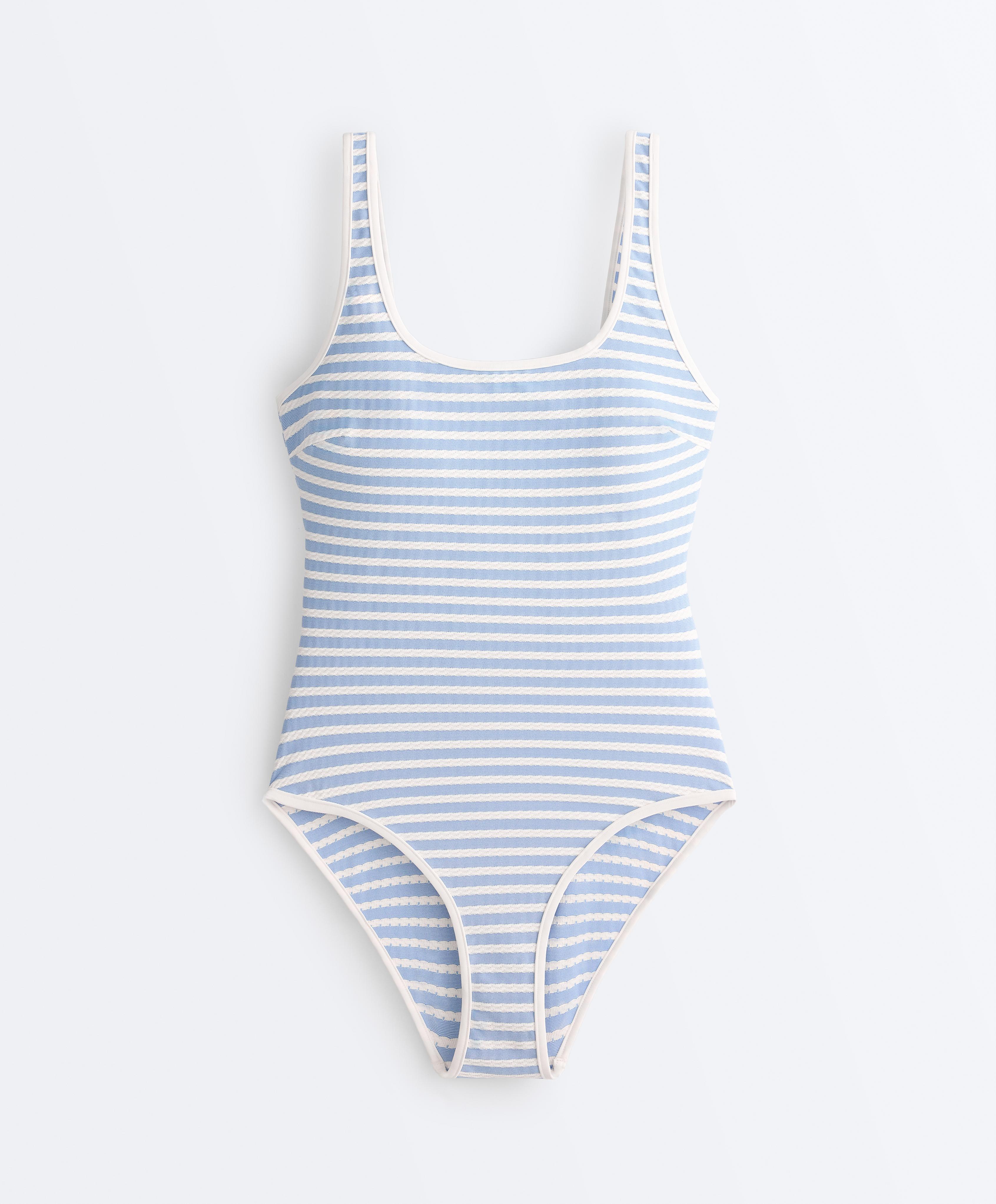Textured stripe round-neck swimsuit — WASHED SKY BLUE