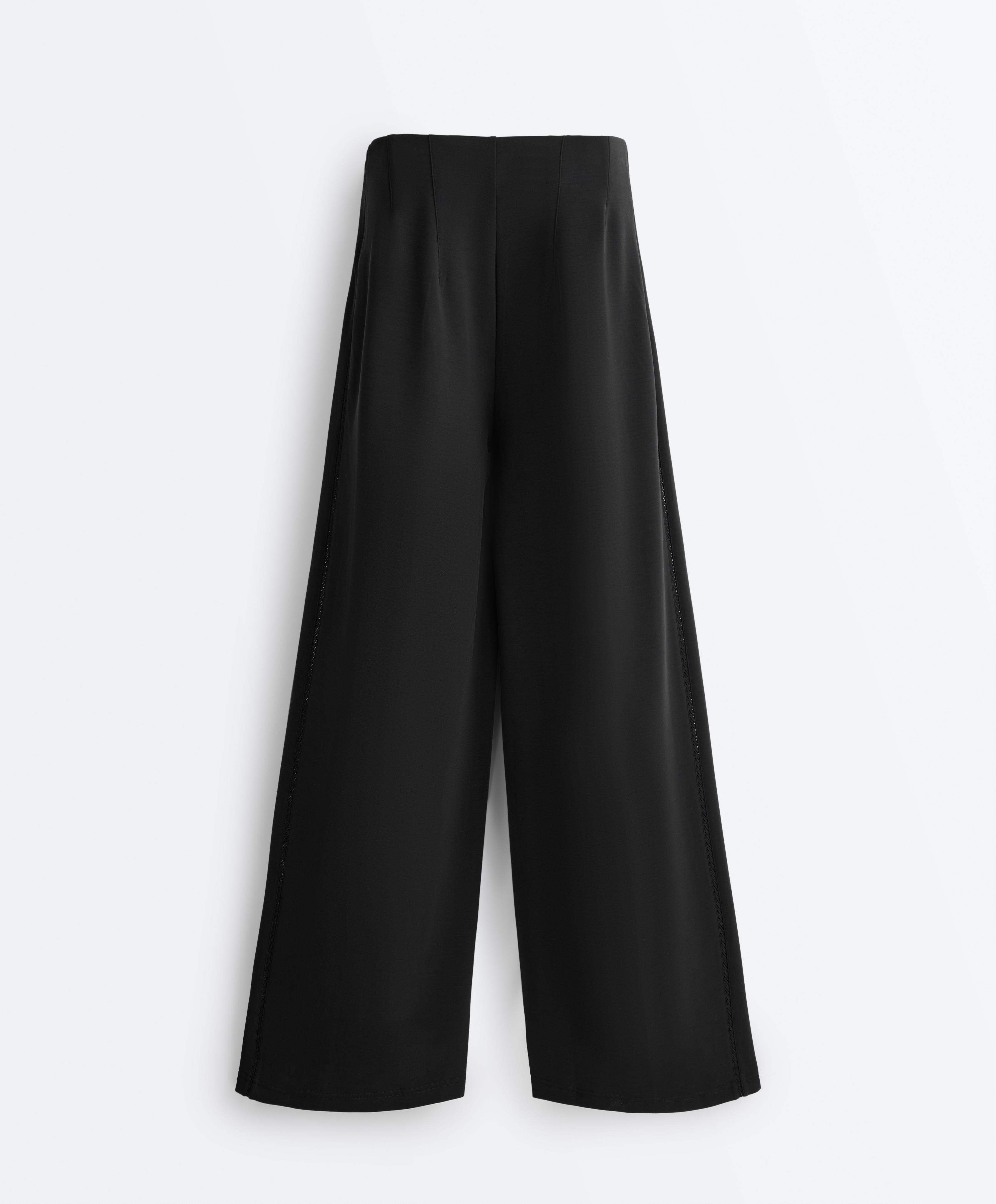 Wide-leg trousers with soft-touch modal and hemstitch — BLACK
