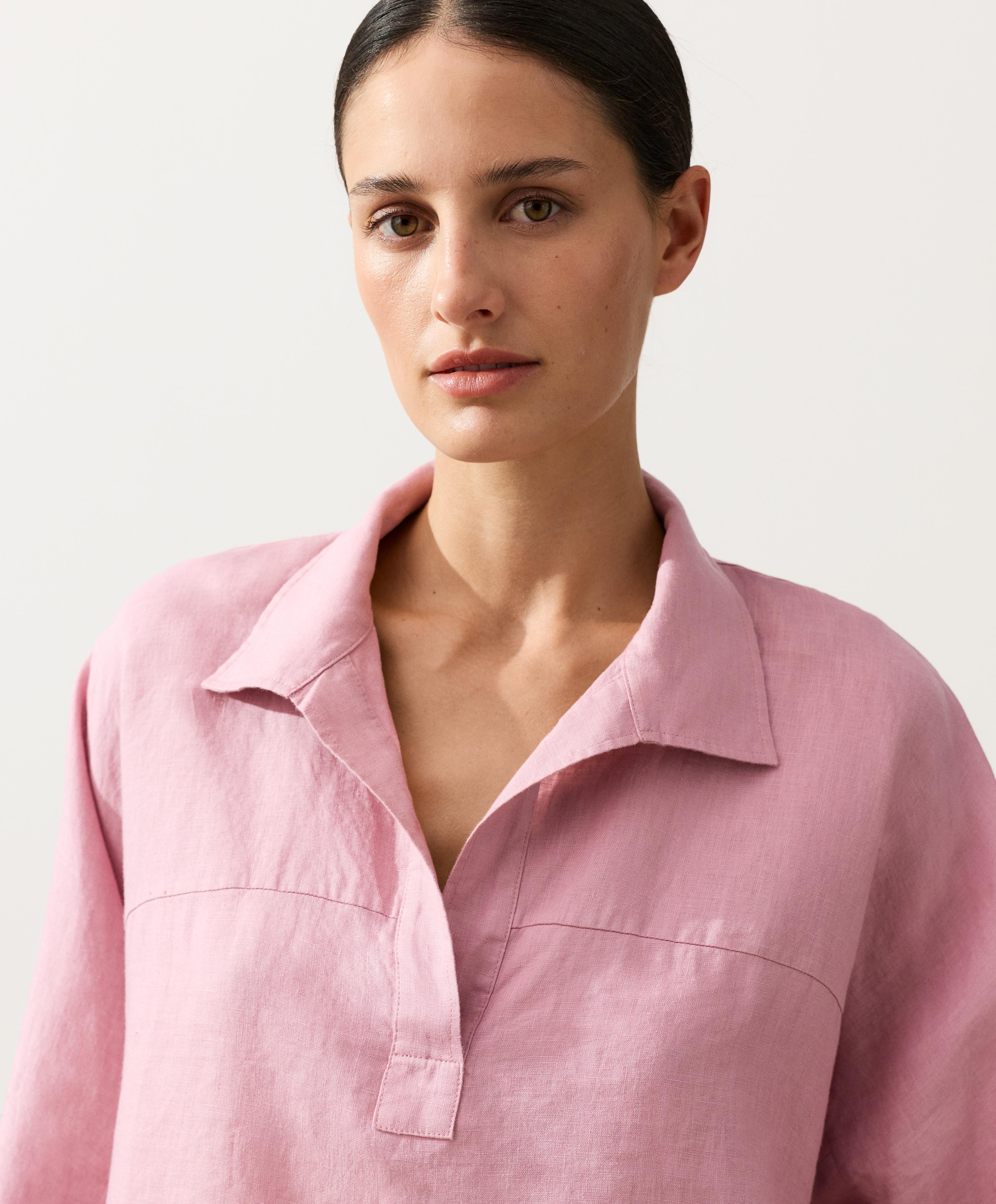 Oversize long-sleeve 100% linen polo shirt — MID-PINK