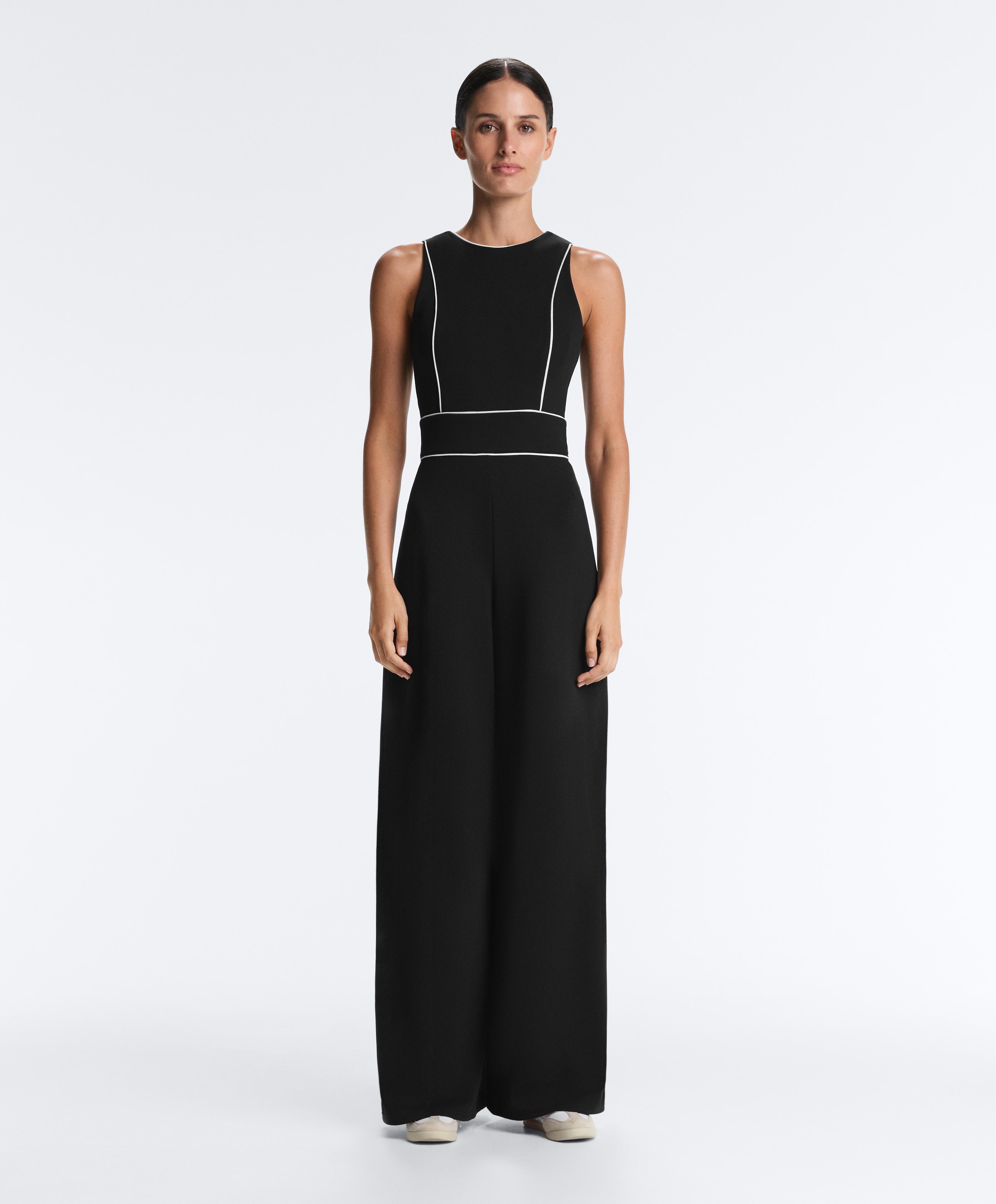 Long piping piqué jumpsuit with cotton — BLACK