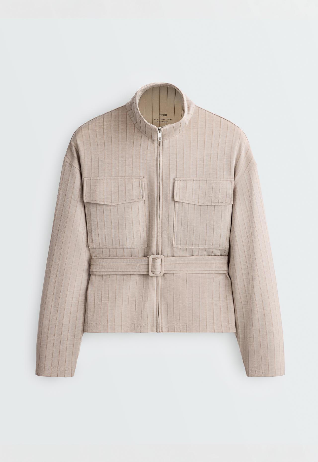 Soft-touch striped belted jacket — SOFT MINK