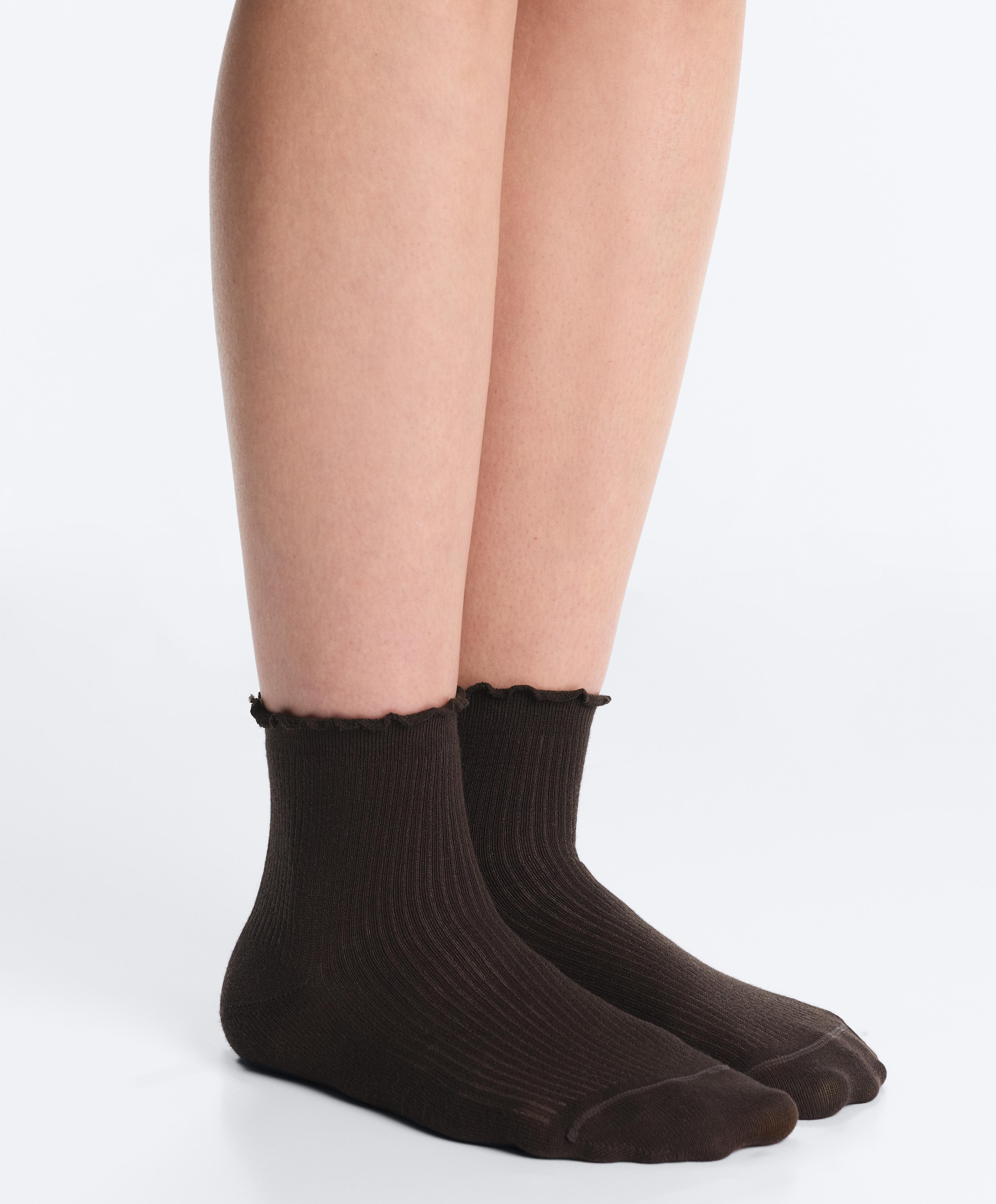 3 pairs of cotton blend quarter socks with curled edge — CHOCOLATE      