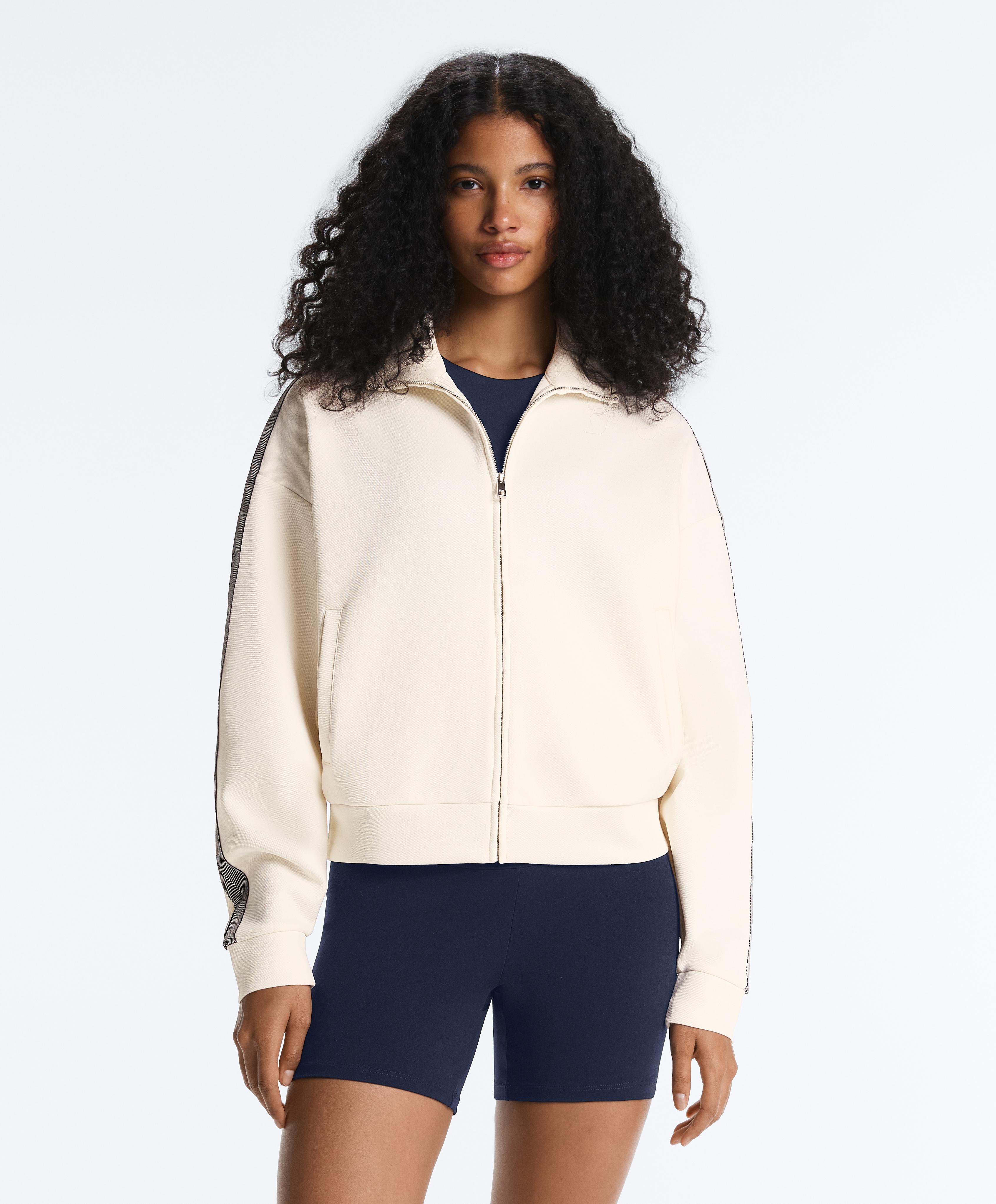 Herringbone side tape piqué cotton jacket — PALE ECRU