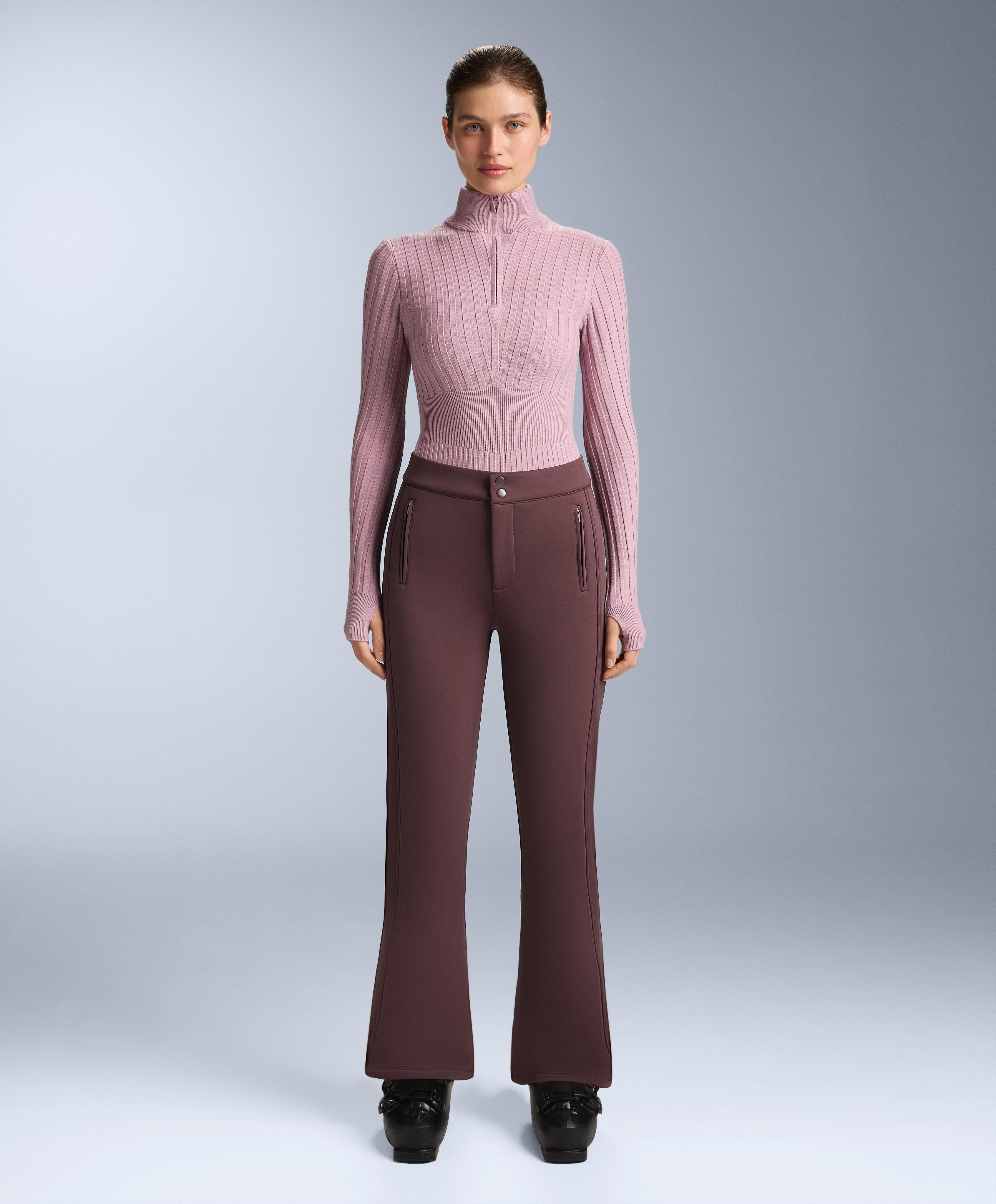 Thermal base layer rib knit T-shirt with peak — PINK-MAUVE