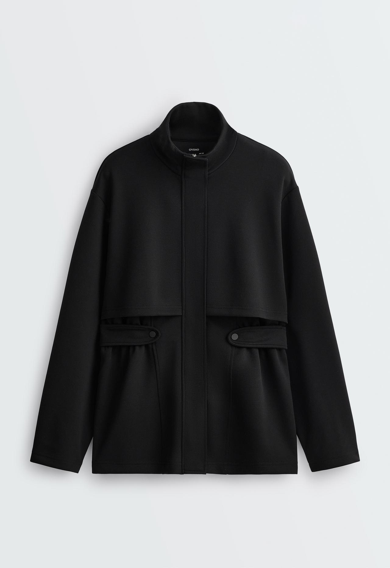Long piqué jacket with belt — BLACK