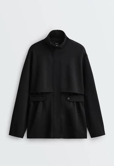 Long piqué jacket with belt — BLACK 8