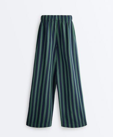 Wide-leg cotton blend striped trousers — GREEN 8