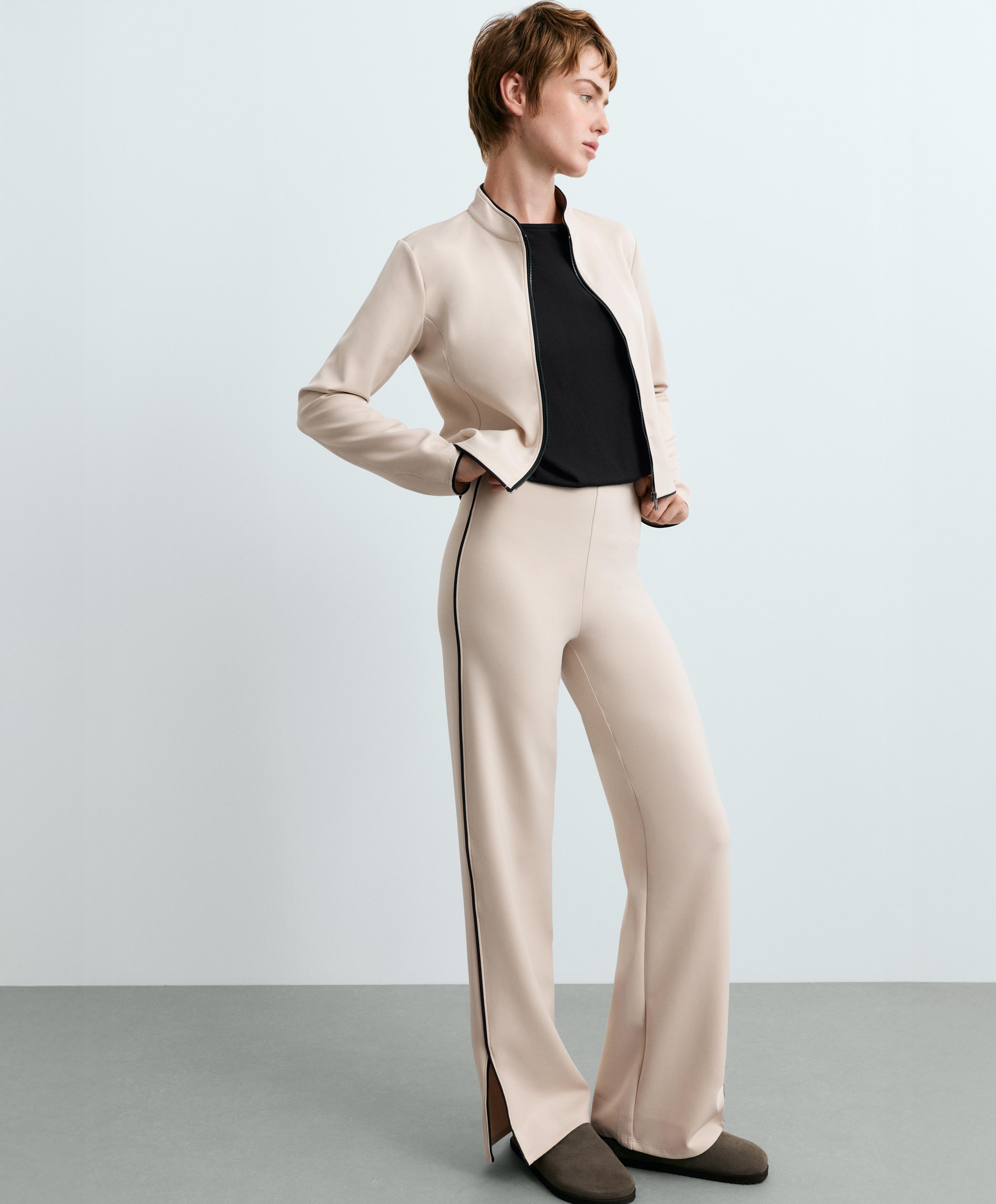High-waist straight-leg neoprene-effect piping trousers — OATMEAL