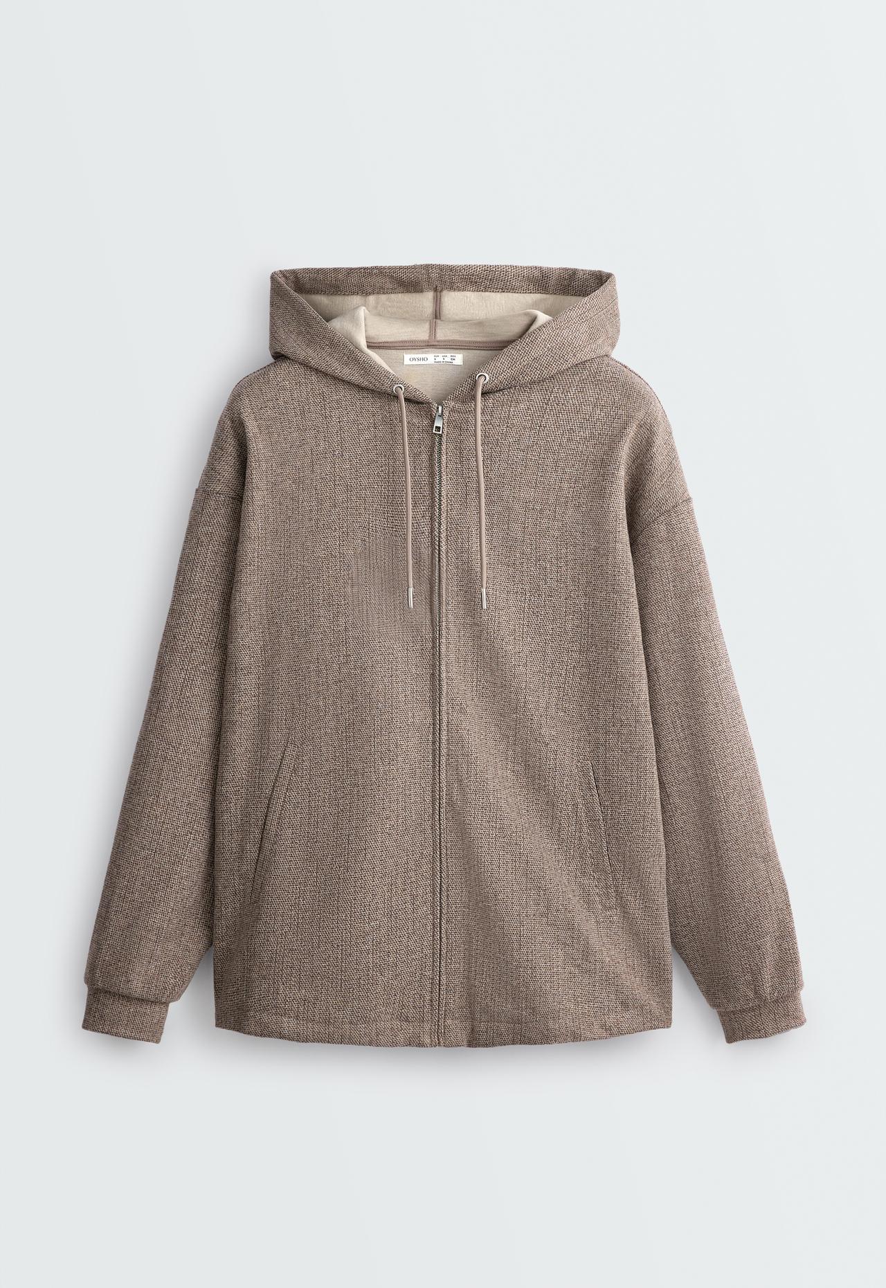 Long mottled hooded jacket — BROWN-GREY MELANGE