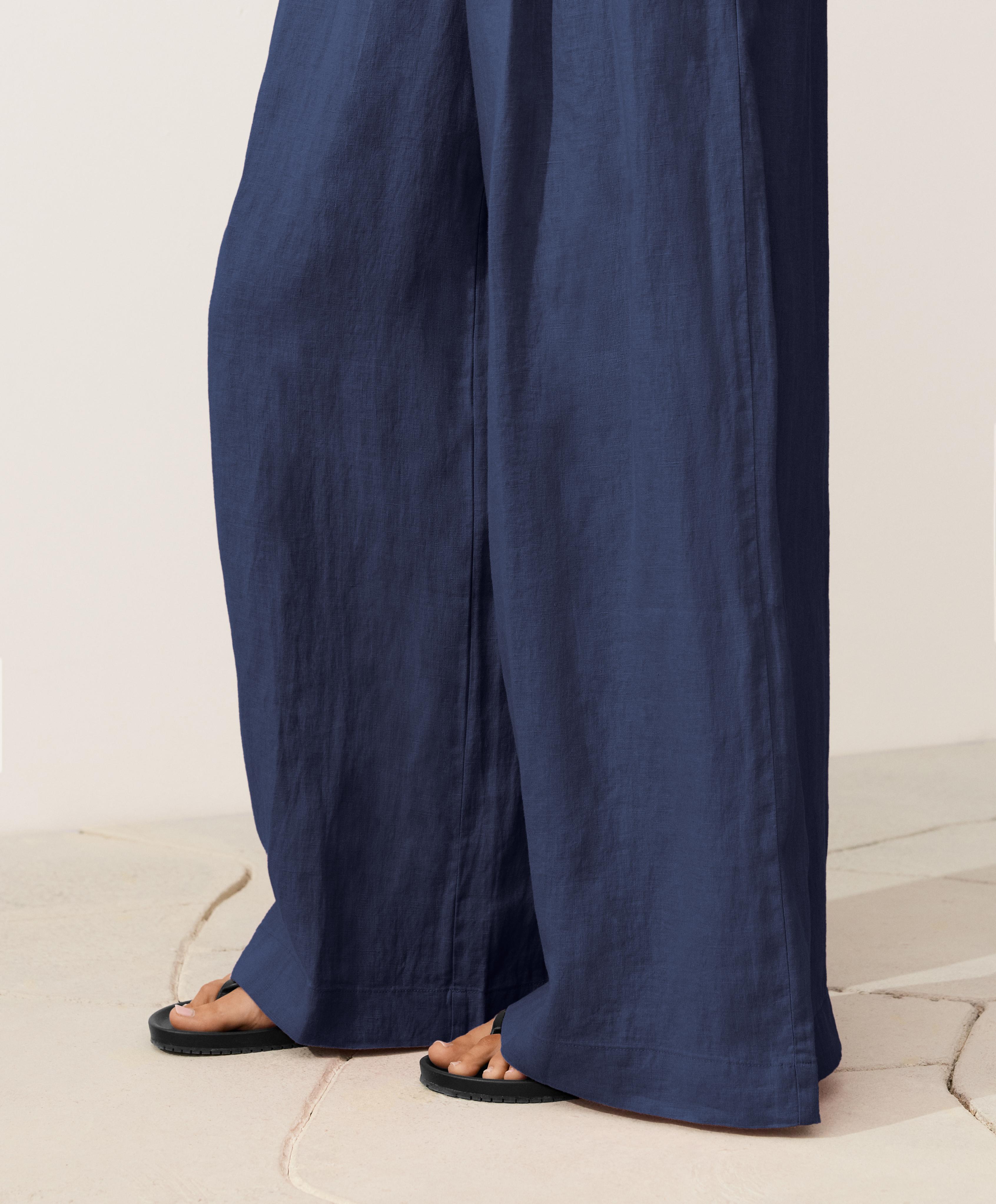 100% linen wide-leg trousers — NAVY
