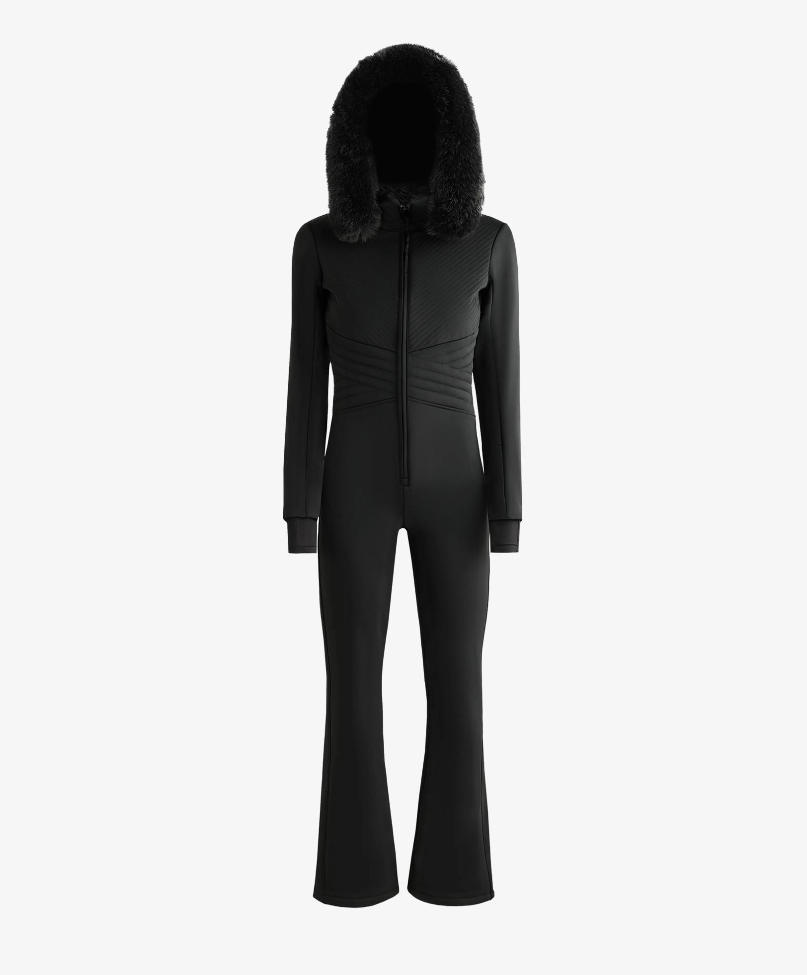 Water-resistant fitted stretch SKI jumpsuit — BLACK