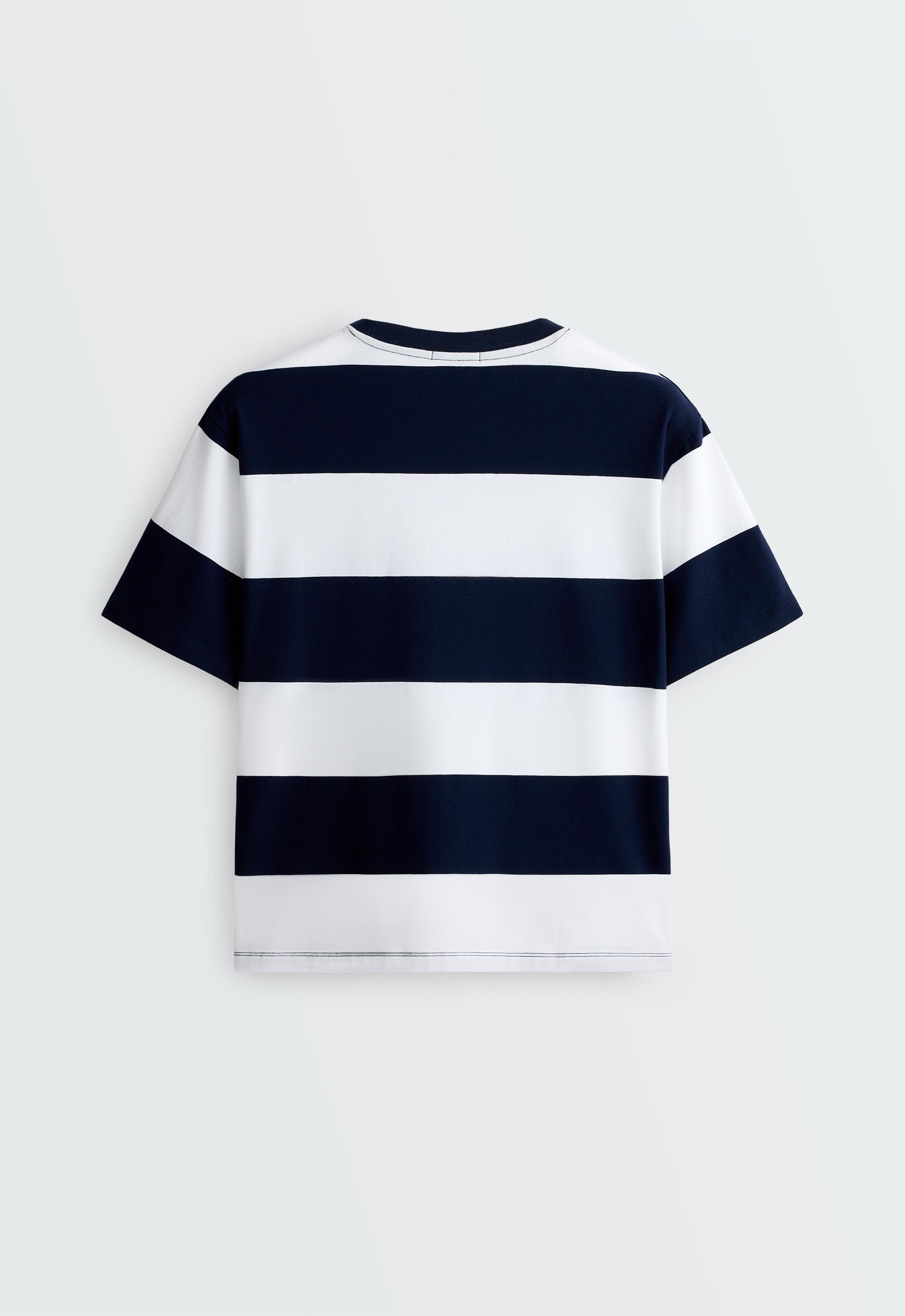 Boxy cotton-blend T-shirt with wide stripes — NAVY BLUE