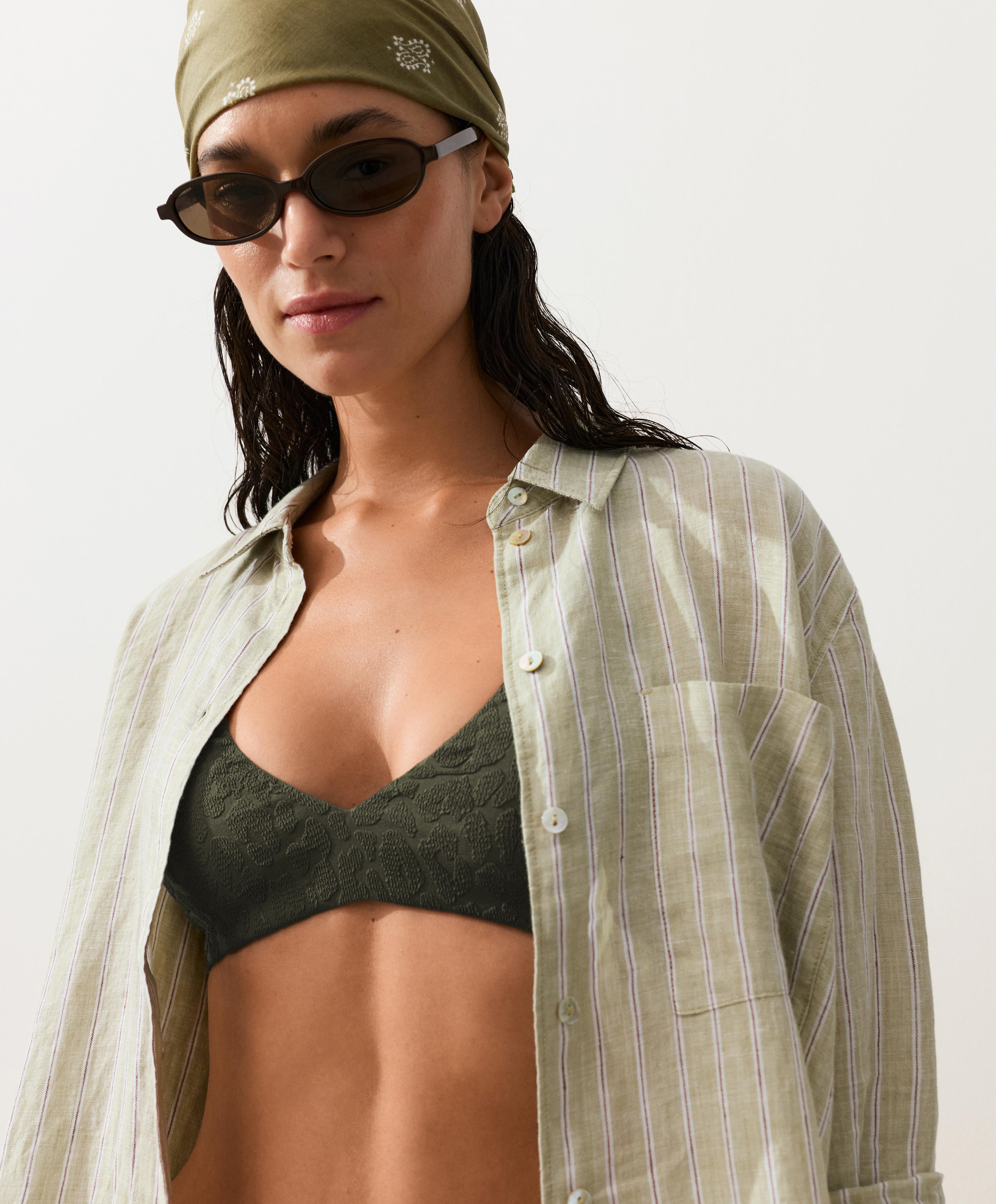 Leopard print textured halter bikini top — DARK KHAKI