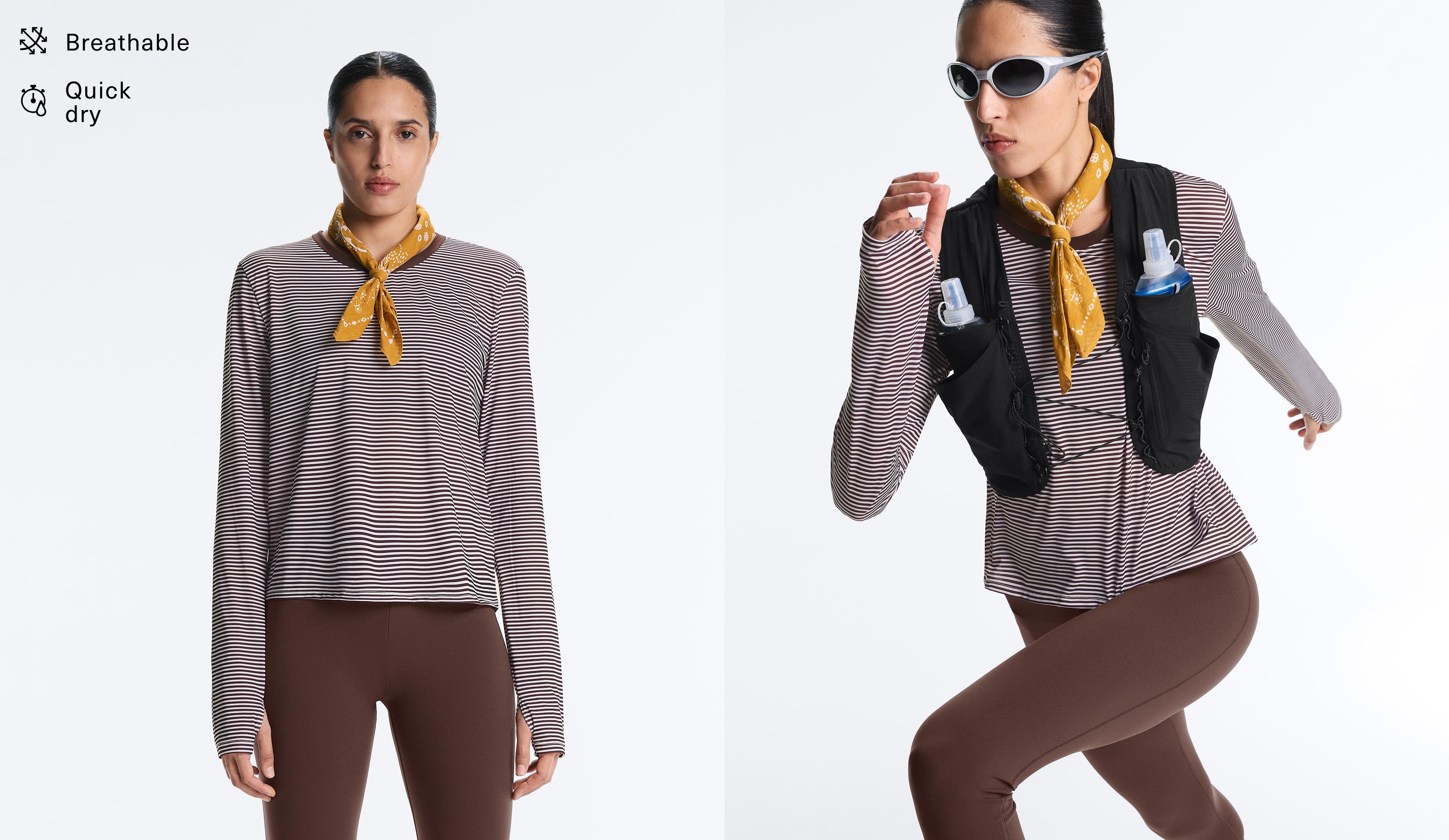 Striped long-sleeved technical T-shirt — BROWN