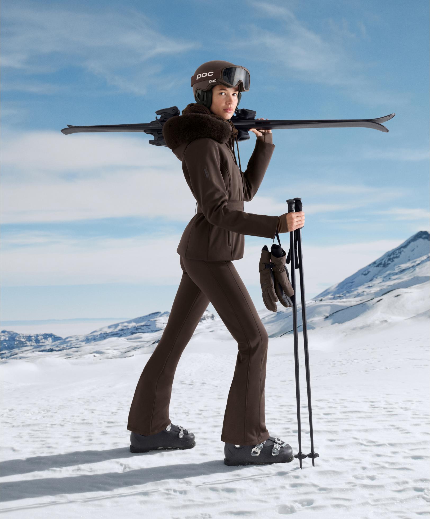 Water-resistant flare stretch SKI trousers — DARK BROWN
