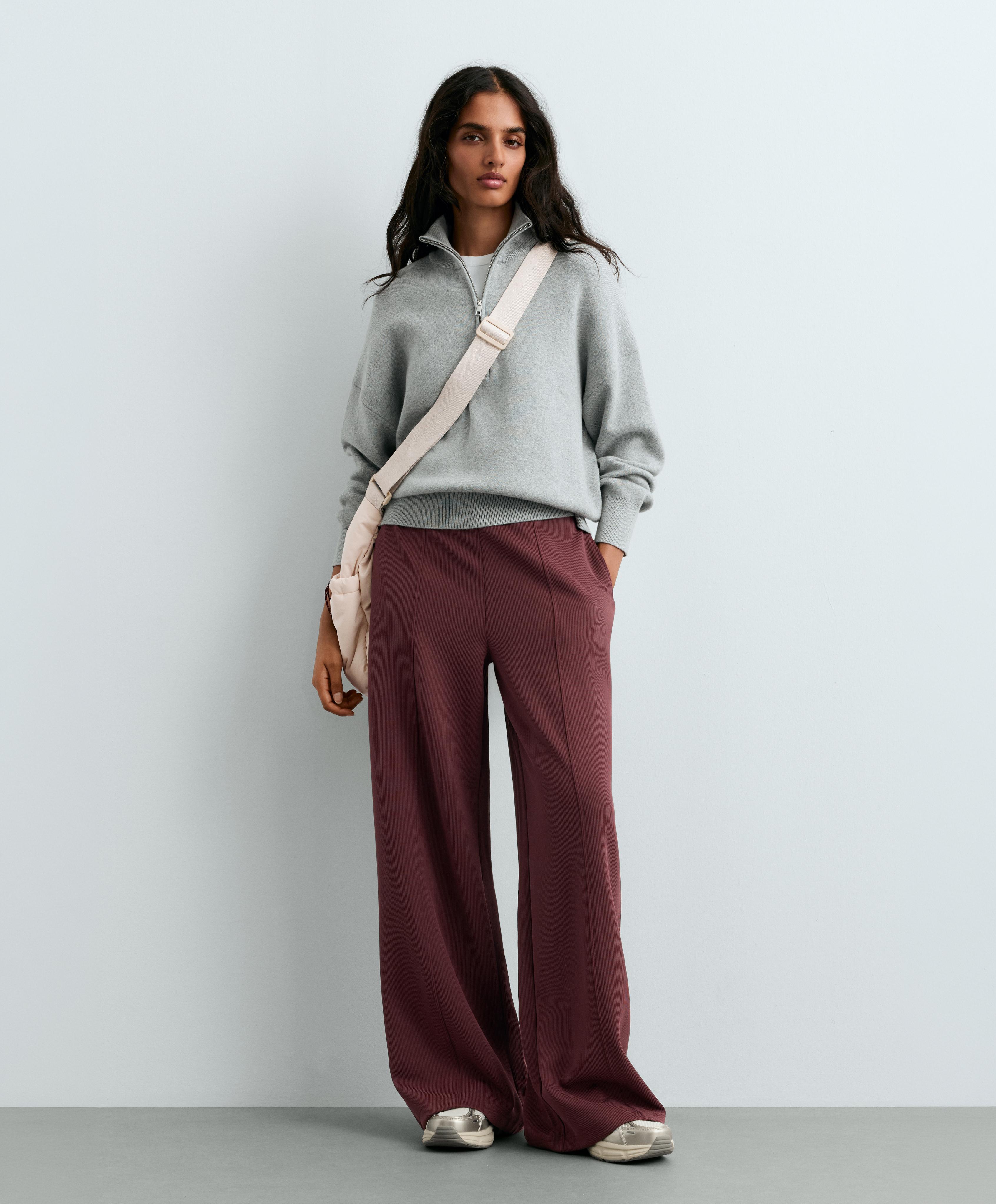 Soft-touch modal straight-leg rib trousers — BURGUNDY