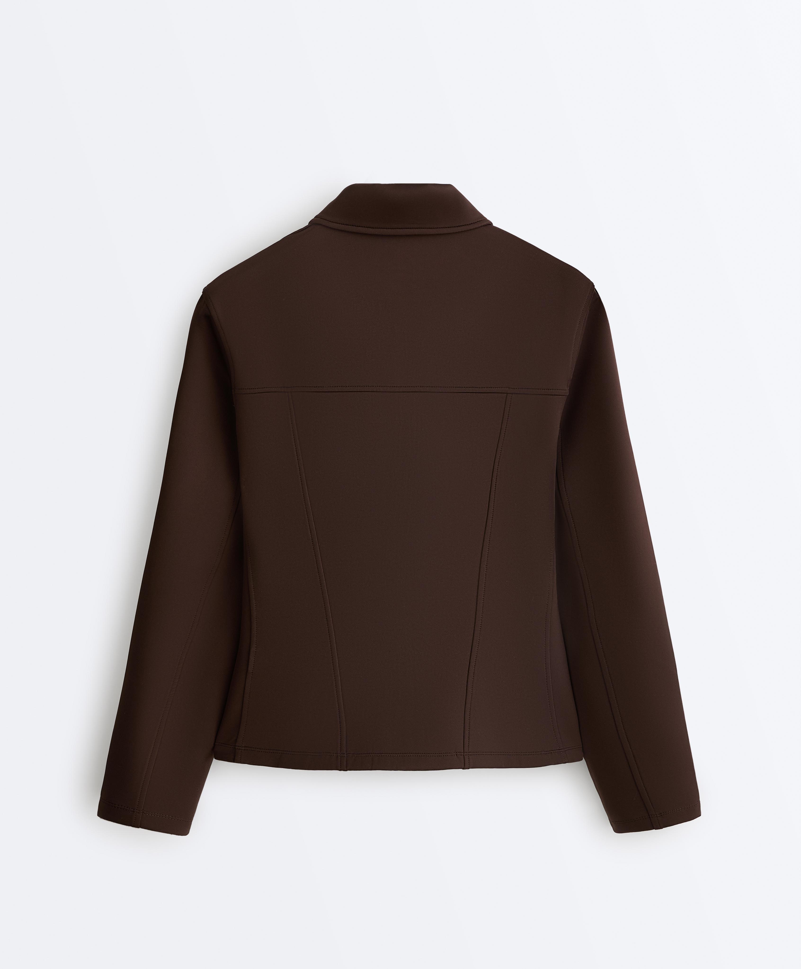 Neoprene-effect peplum jacket with ribbing — BROWN
