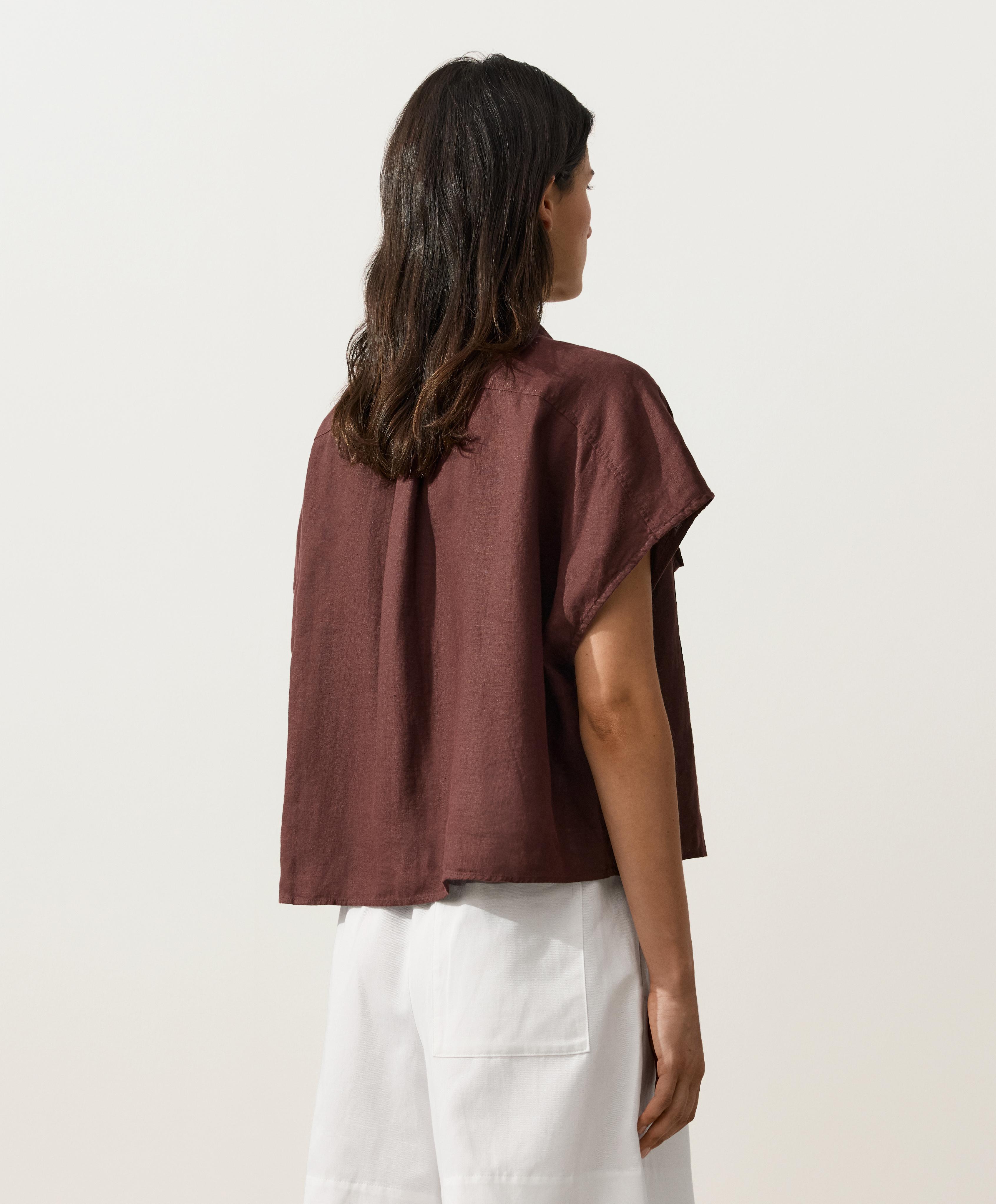 100% linen collared shirt with pockets — CHOCOLATE
