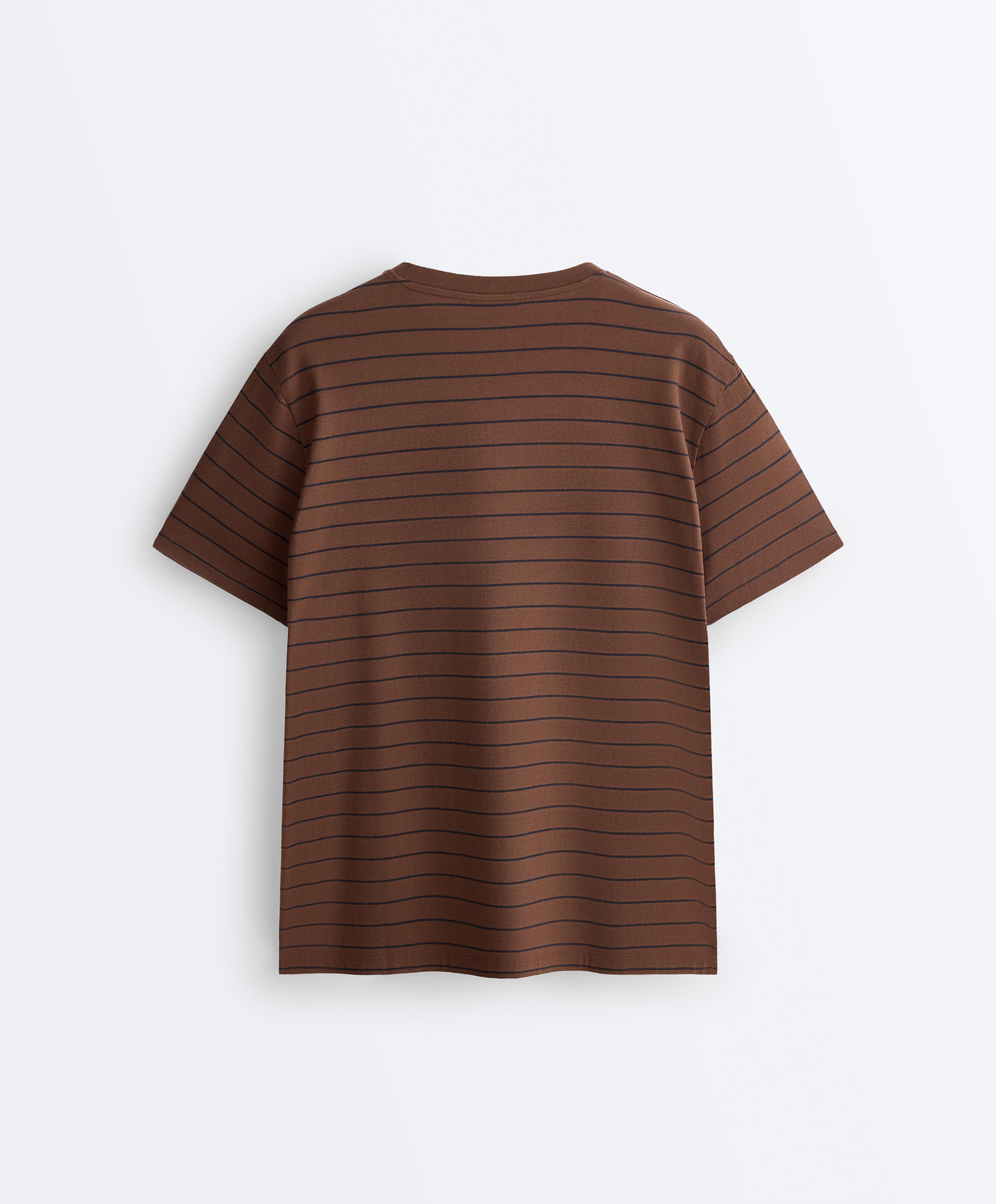Oversize striped cotton blend short sleeve T-shirt — DARK BROWN