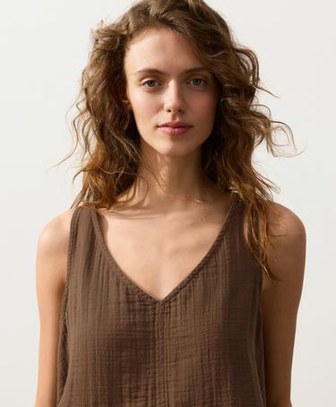 100% cotton gauze V-neck strappy top — TAN 3