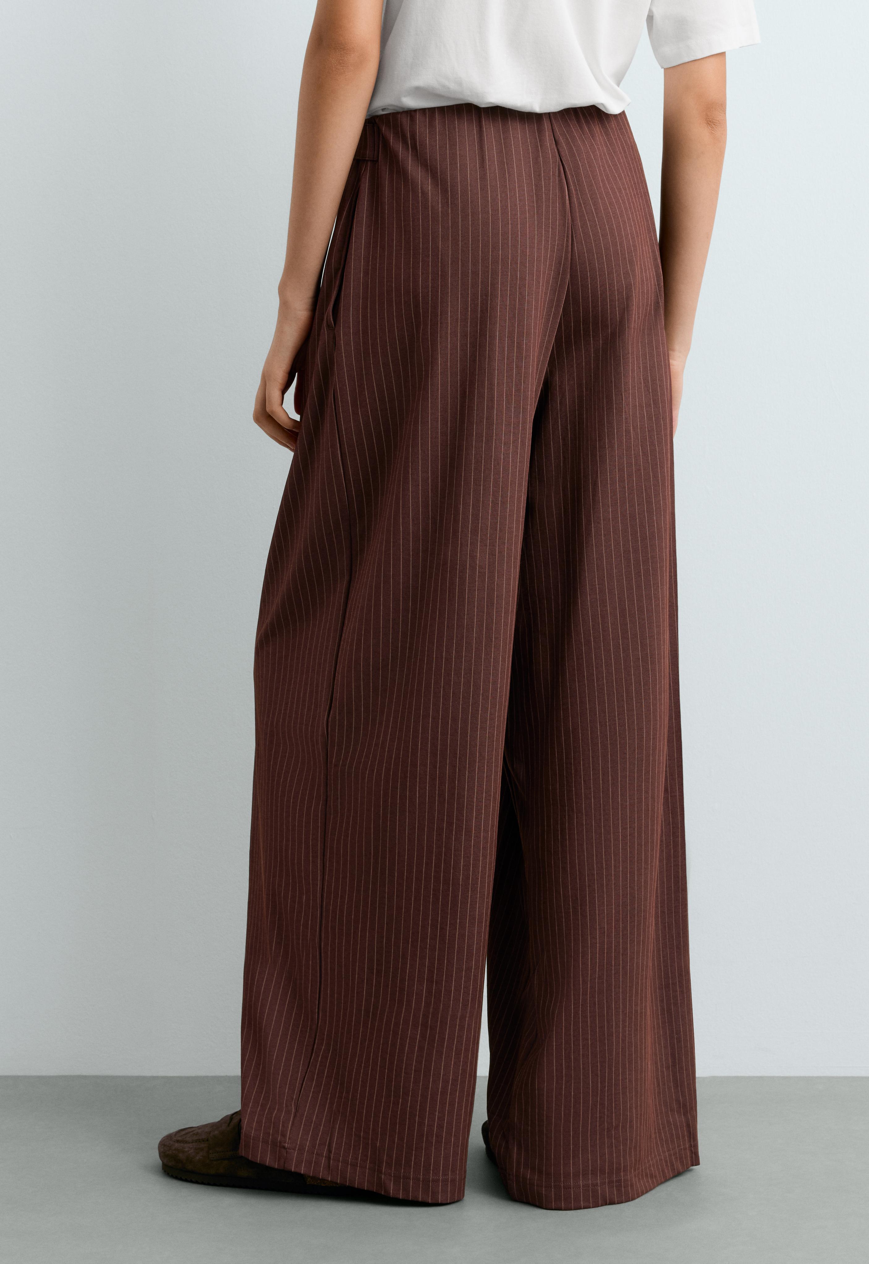 Wide-leg pinstripe piqué cotton crop trousers — CHOCOLATE